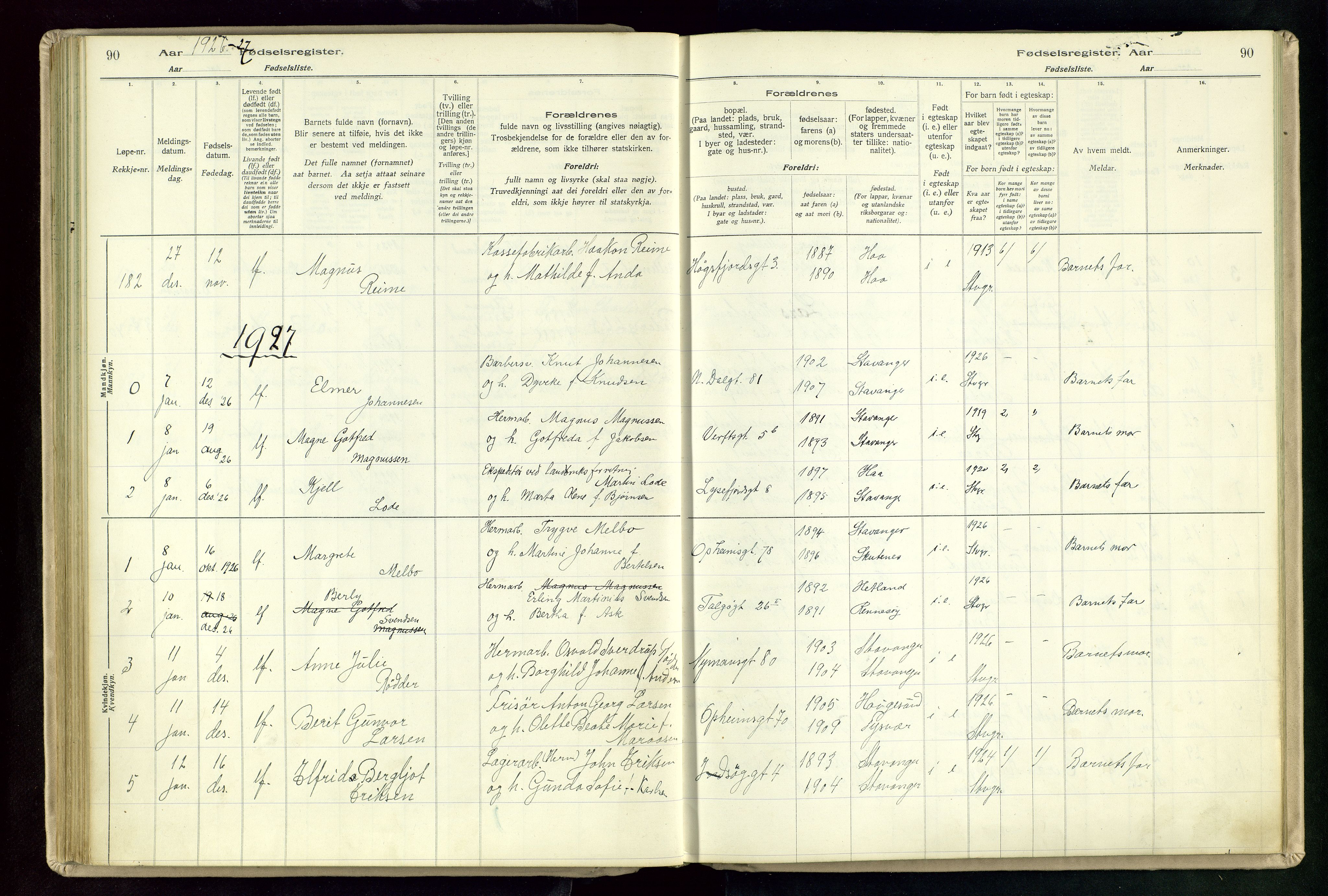 St. Johannes sokneprestkontor, SAST/A-101814/002/A/L0003: Birth register no. 3, 1924-1930, p. 90