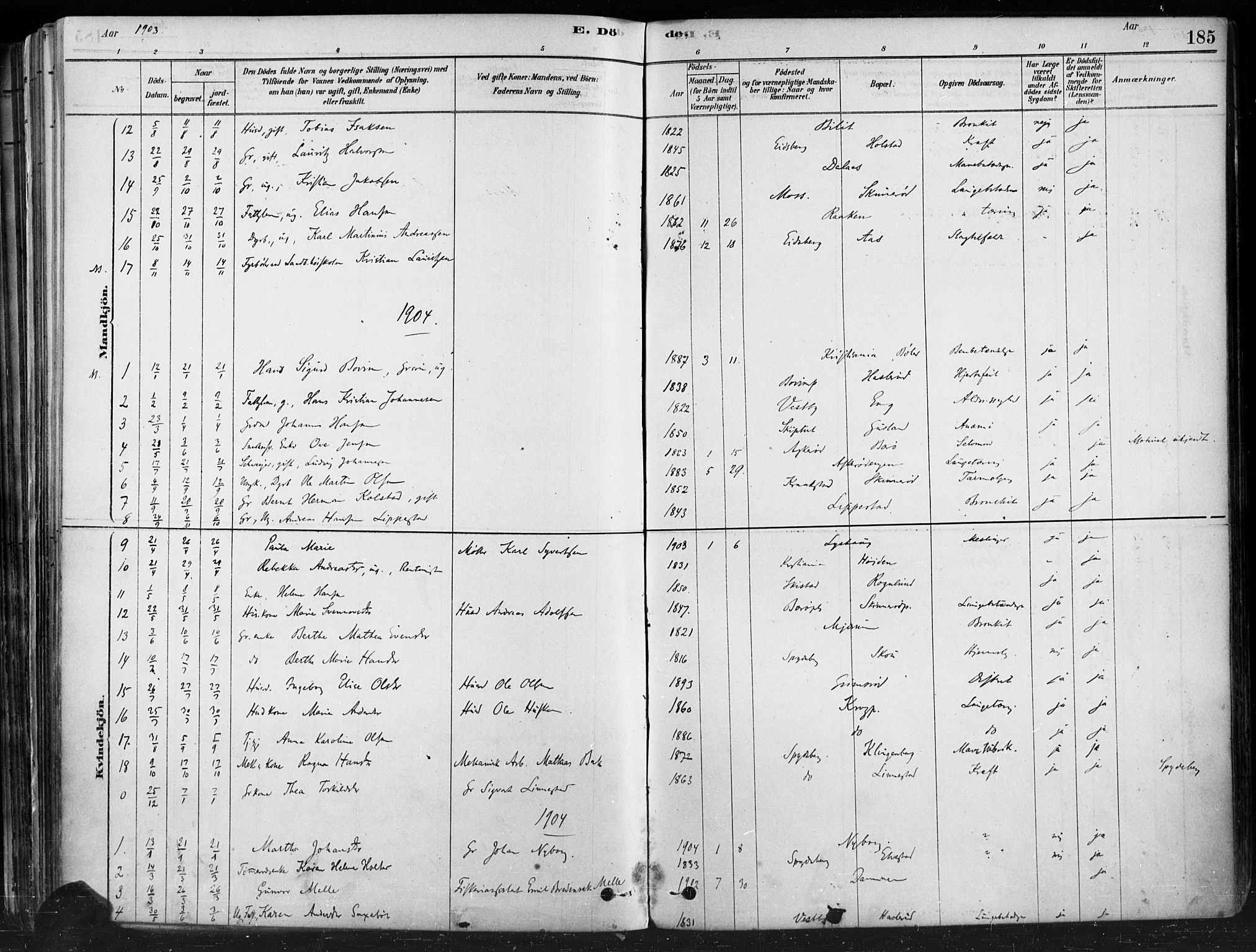 Hobøl prestekontor Kirkebøker, SAO/A-2002/F/Fa/L0005: Parish register (official) no. I 5, 1878-1904, p. 185