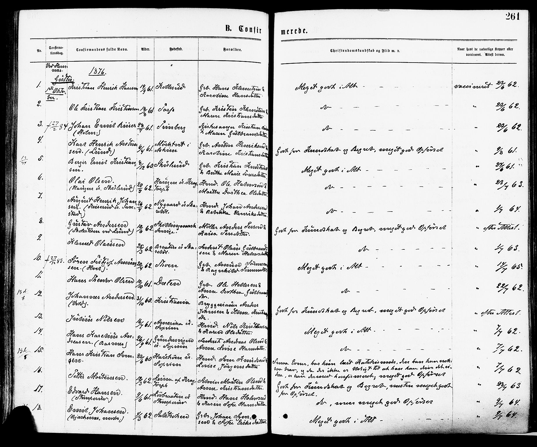 Høland prestekontor Kirkebøker, SAO/A-10346a/F/Fa/L0012.a: Parish register (official) no. I 12A, 1869-1879, p. 261
