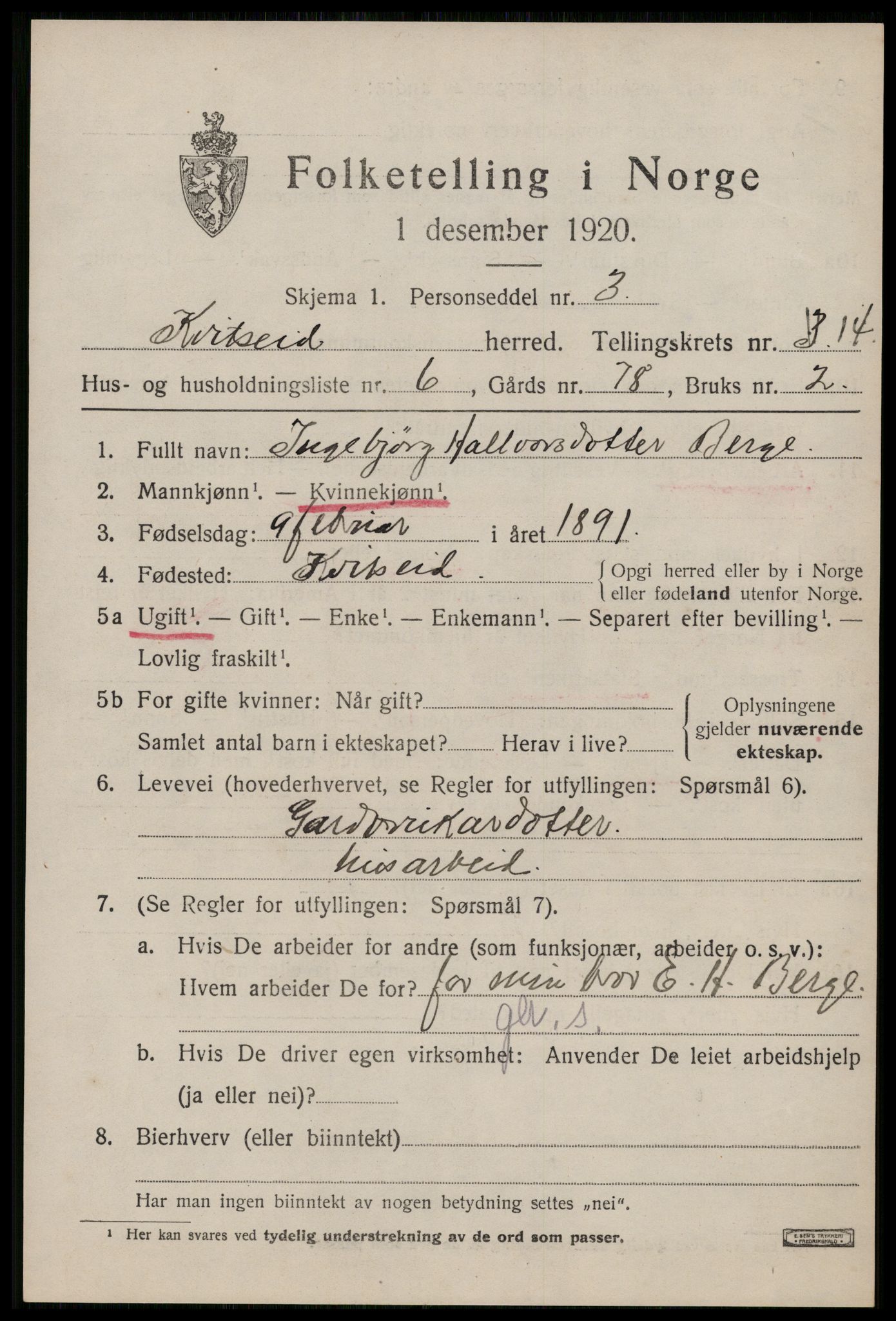 SAKO, 1920 census for Kviteseid, 1920, p. 6757