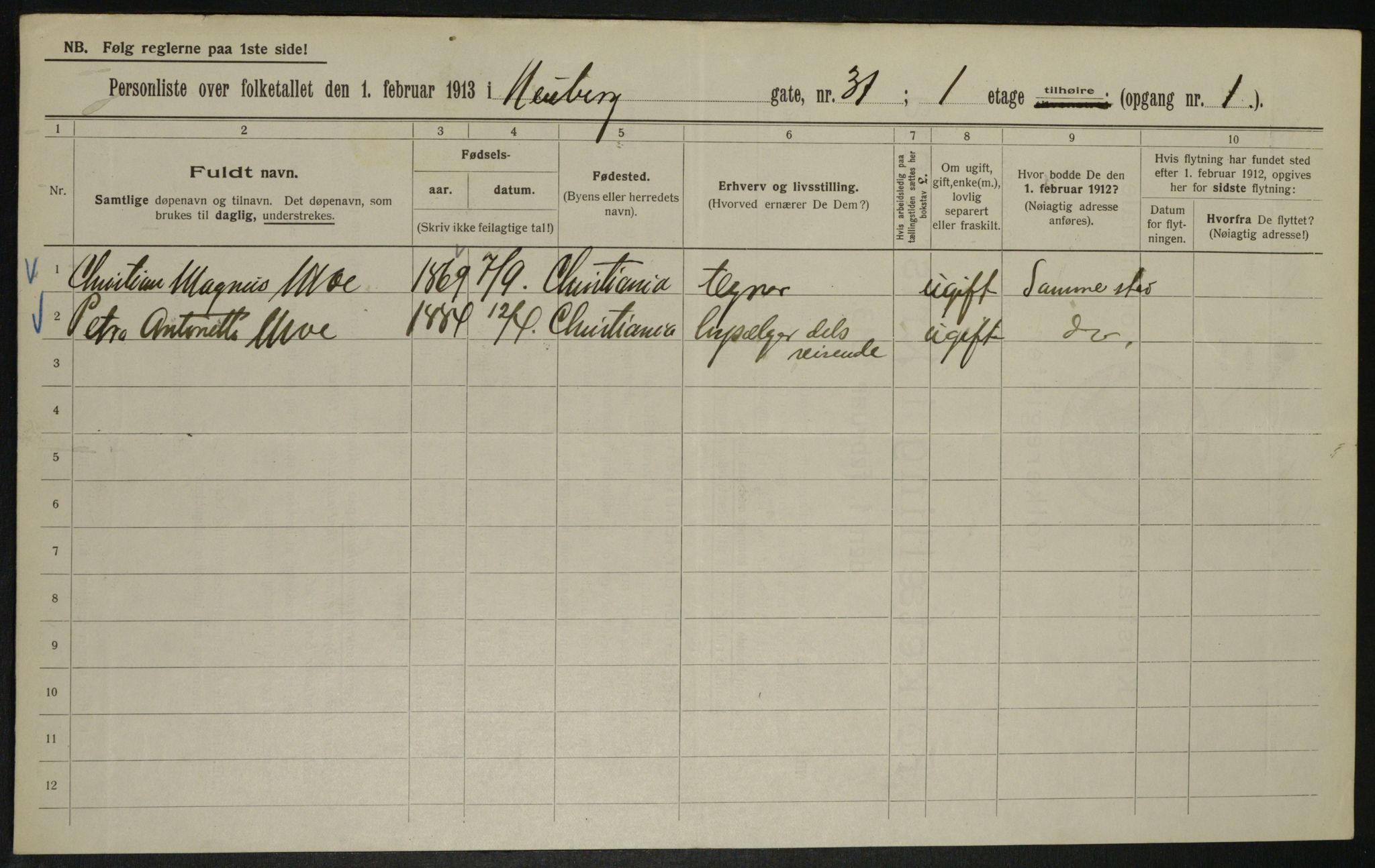 OBA, Municipal Census 1913 for Kristiania, 1913, p. 70094