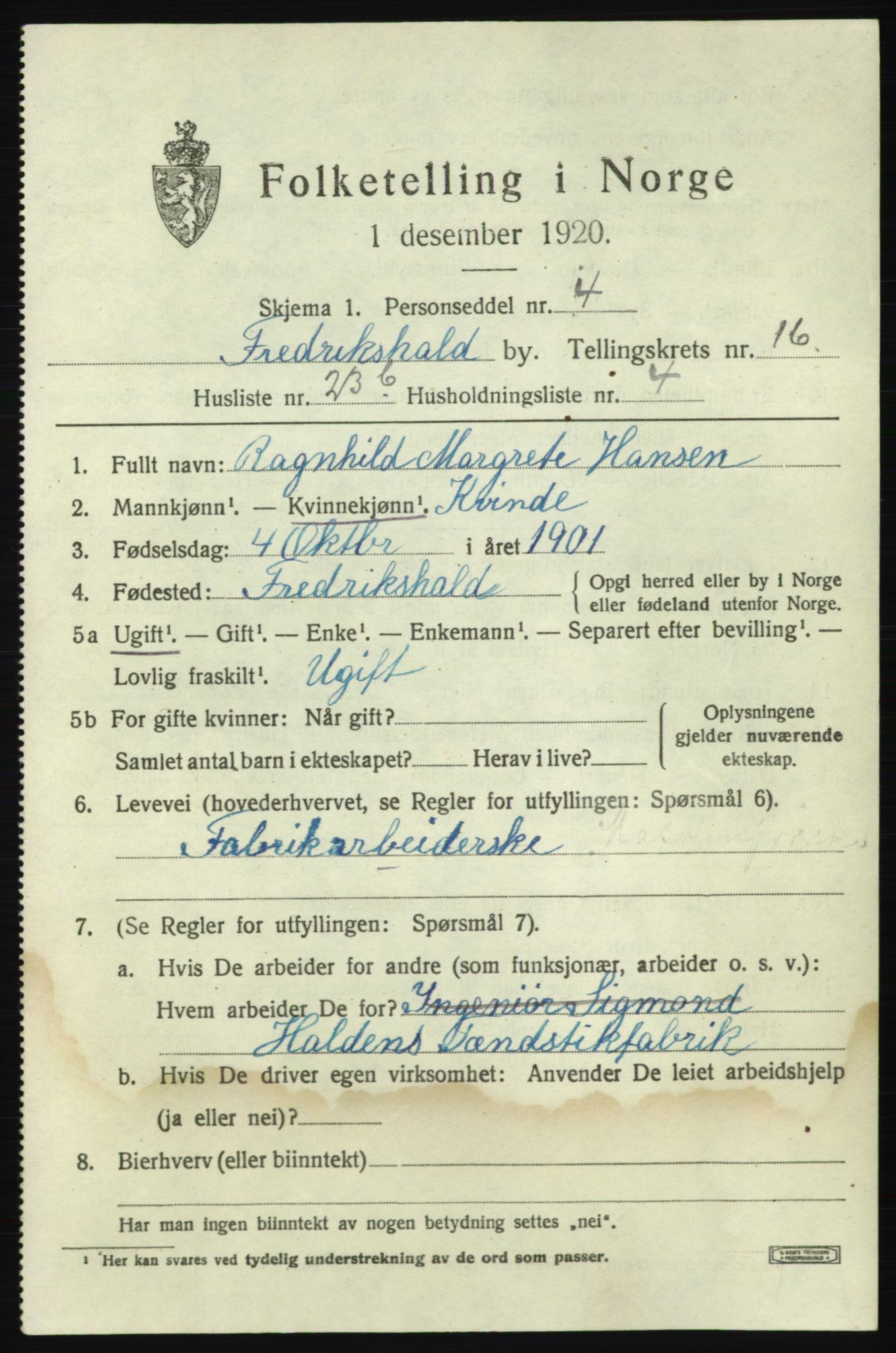 SAO, 1920 census for Fredrikshald, 1920, p. 25631