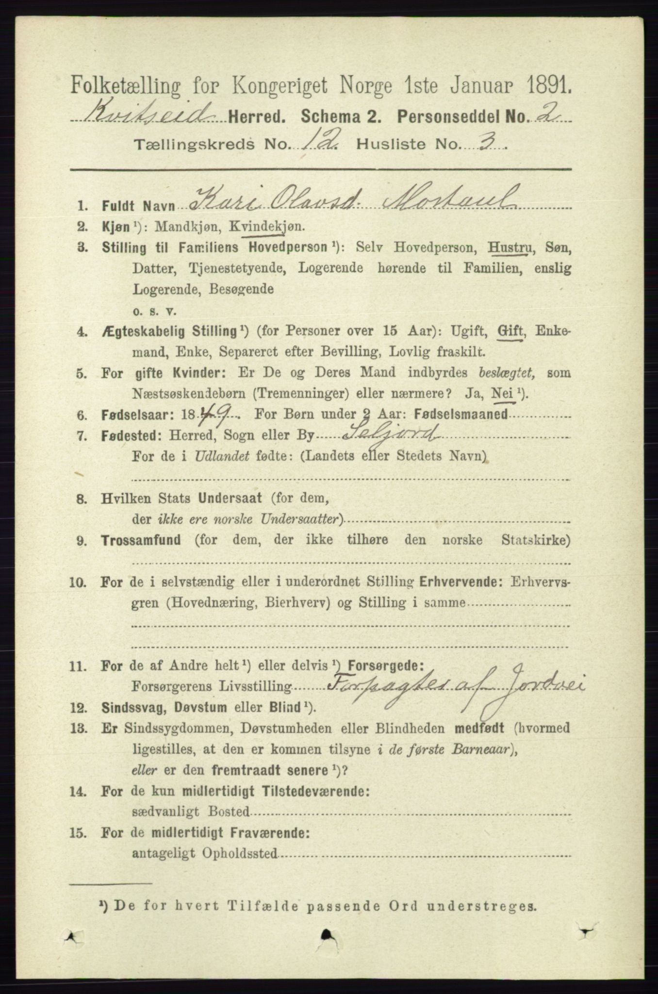 RA, 1891 census for 0829 Kviteseid, 1891, p. 2853