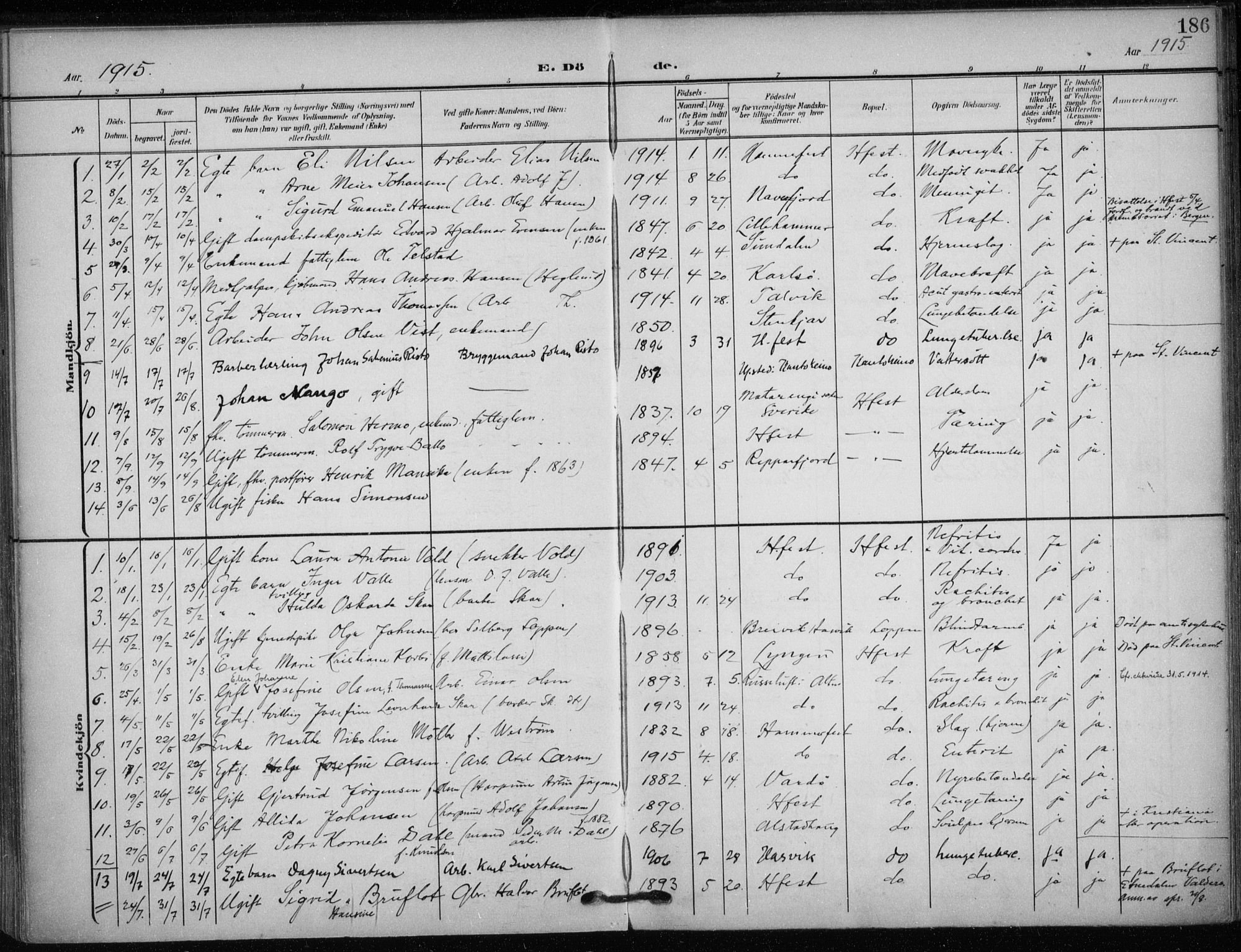 Hammerfest sokneprestkontor, SATØ/S-1347/H/Ha/L0014.kirke: Parish register (official) no. 14, 1906-1916, p. 186