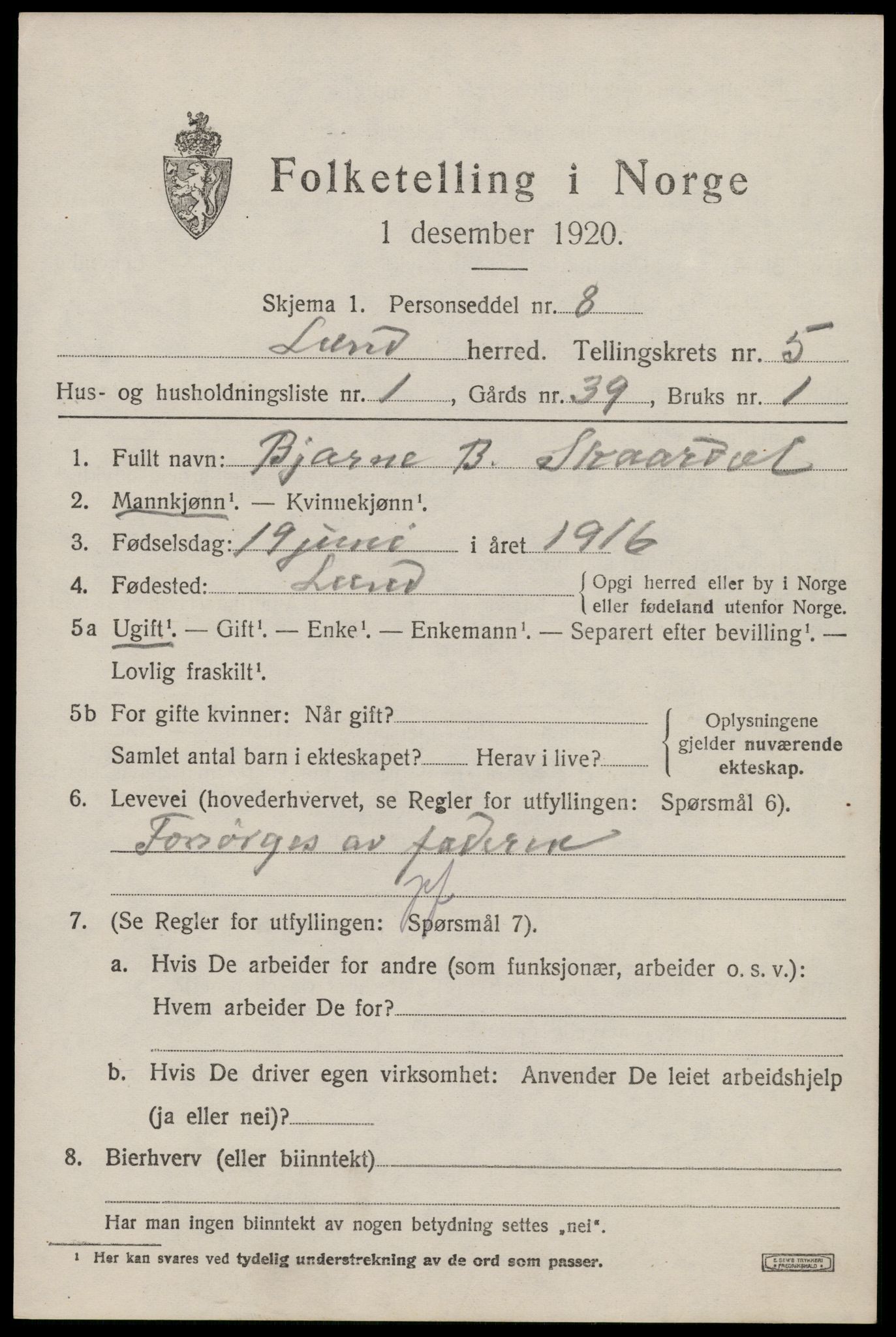 SAST, 1920 census for Lund, 1920, p. 3146