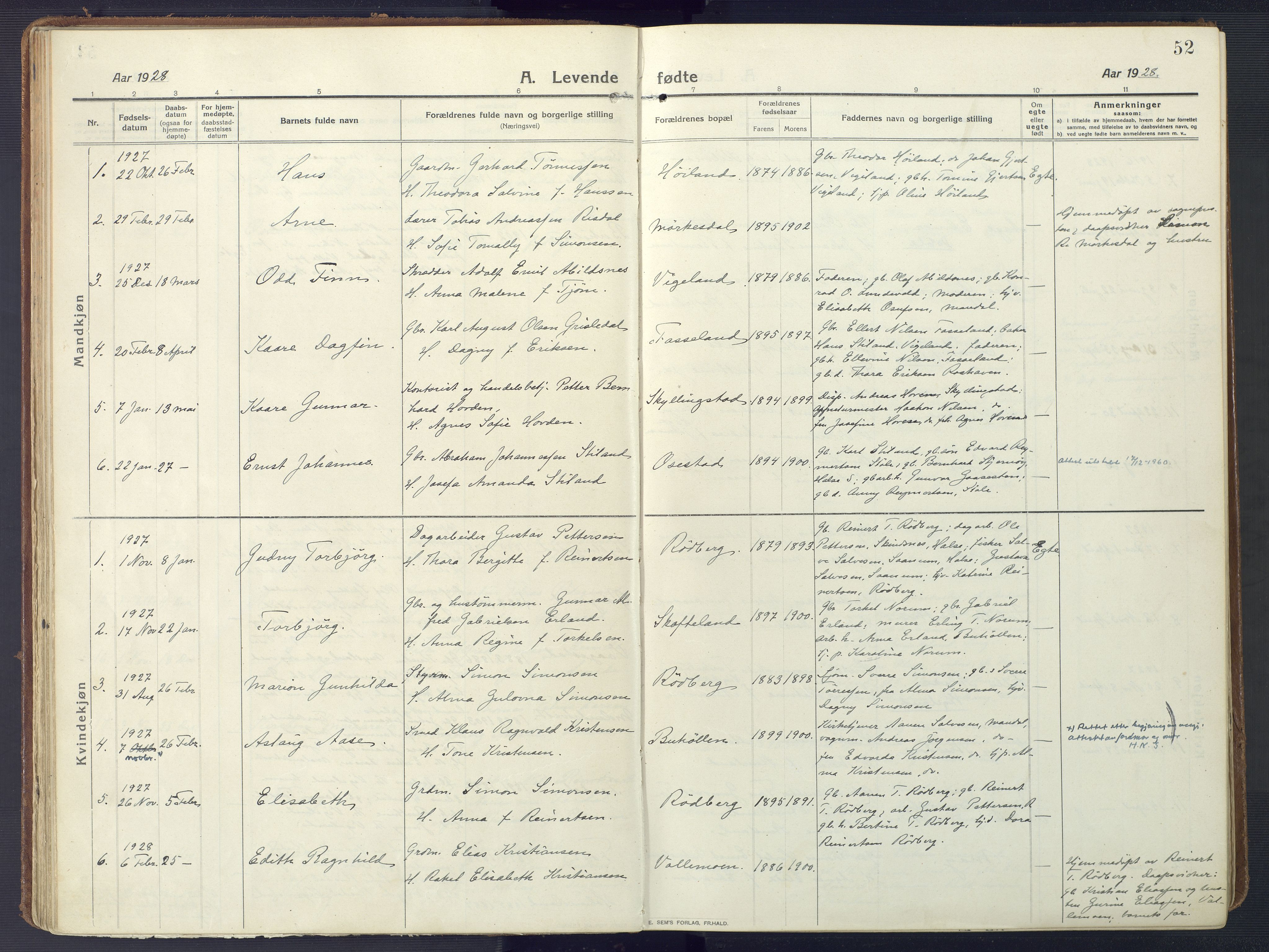 Sør-Audnedal sokneprestkontor, AV/SAK-1111-0039/F/Fa/Fab/L0011: Parish register (official) no. A 11, 1912-1938, p. 52