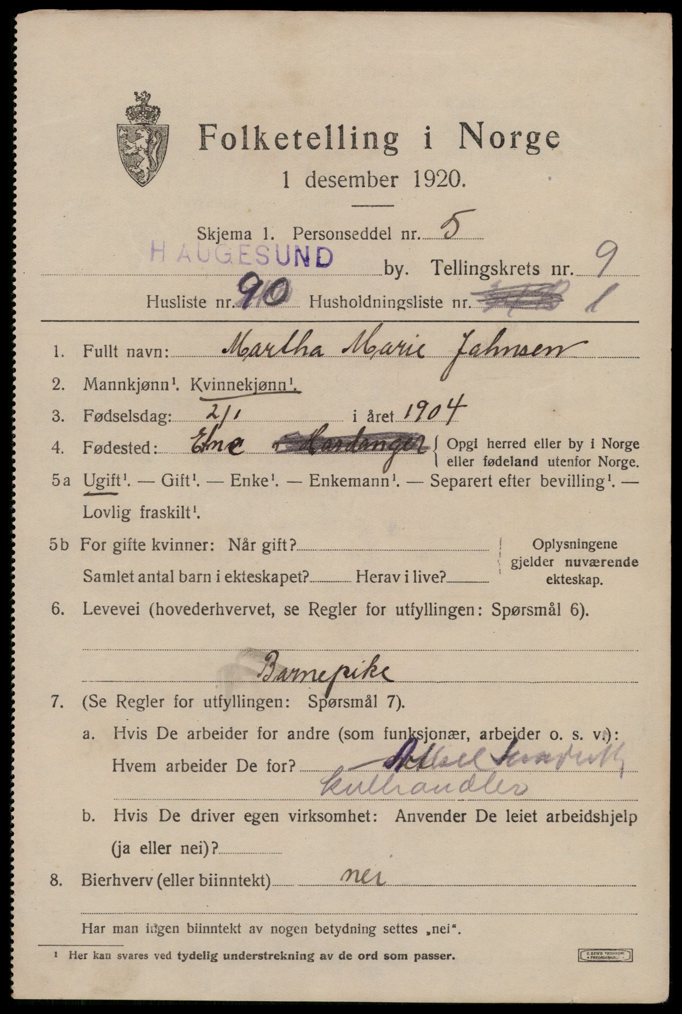 SAST, 1920 census for Haugesund, 1920, p. 33747