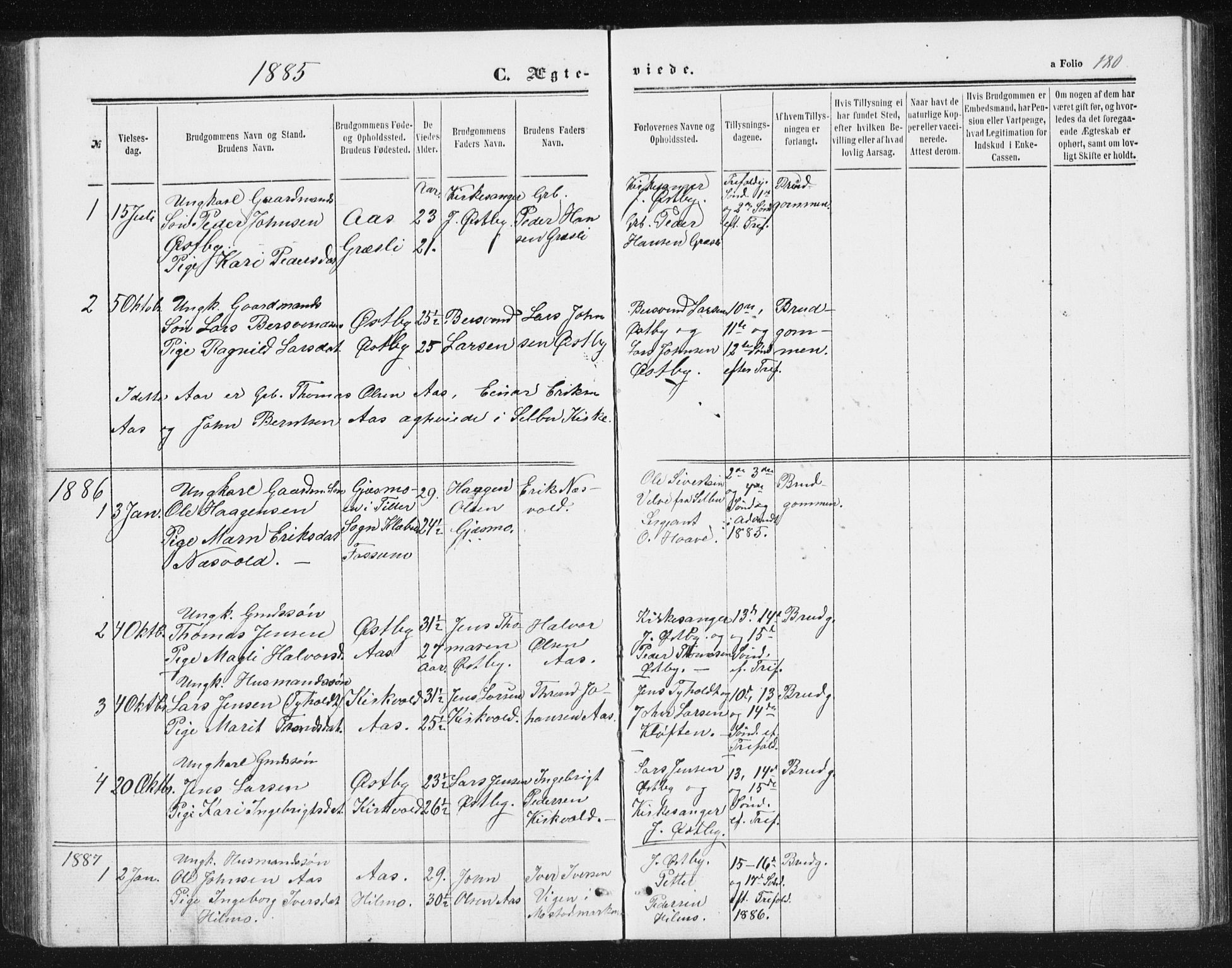 Ministerialprotokoller, klokkerbøker og fødselsregistre - Sør-Trøndelag, SAT/A-1456/698/L1166: Parish register (copy) no. 698C03, 1861-1887, p. 180