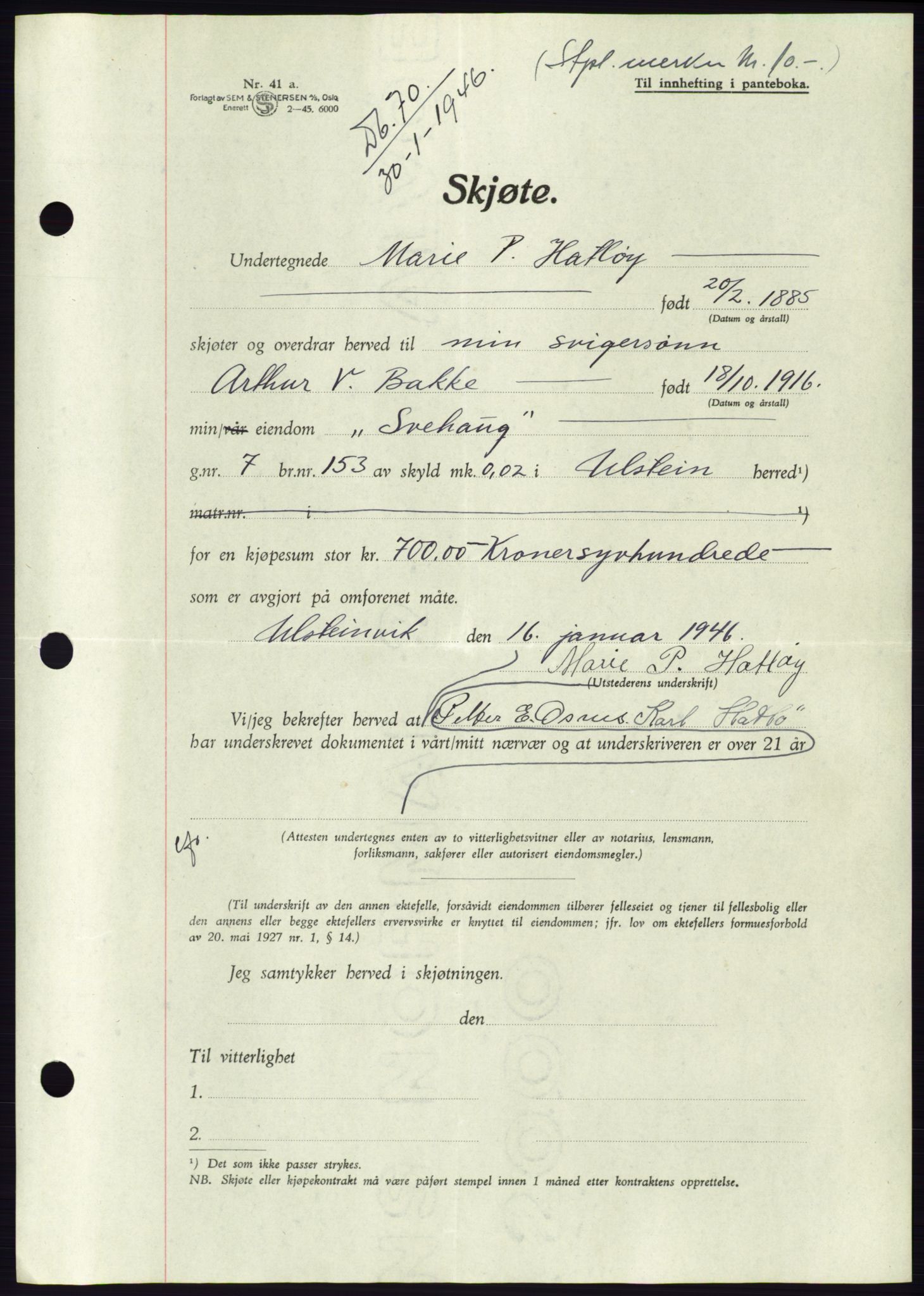 Søre Sunnmøre sorenskriveri, AV/SAT-A-4122/1/2/2C/L0077: Mortgage book no. 3A, 1945-1946, Diary no: : 70/1946