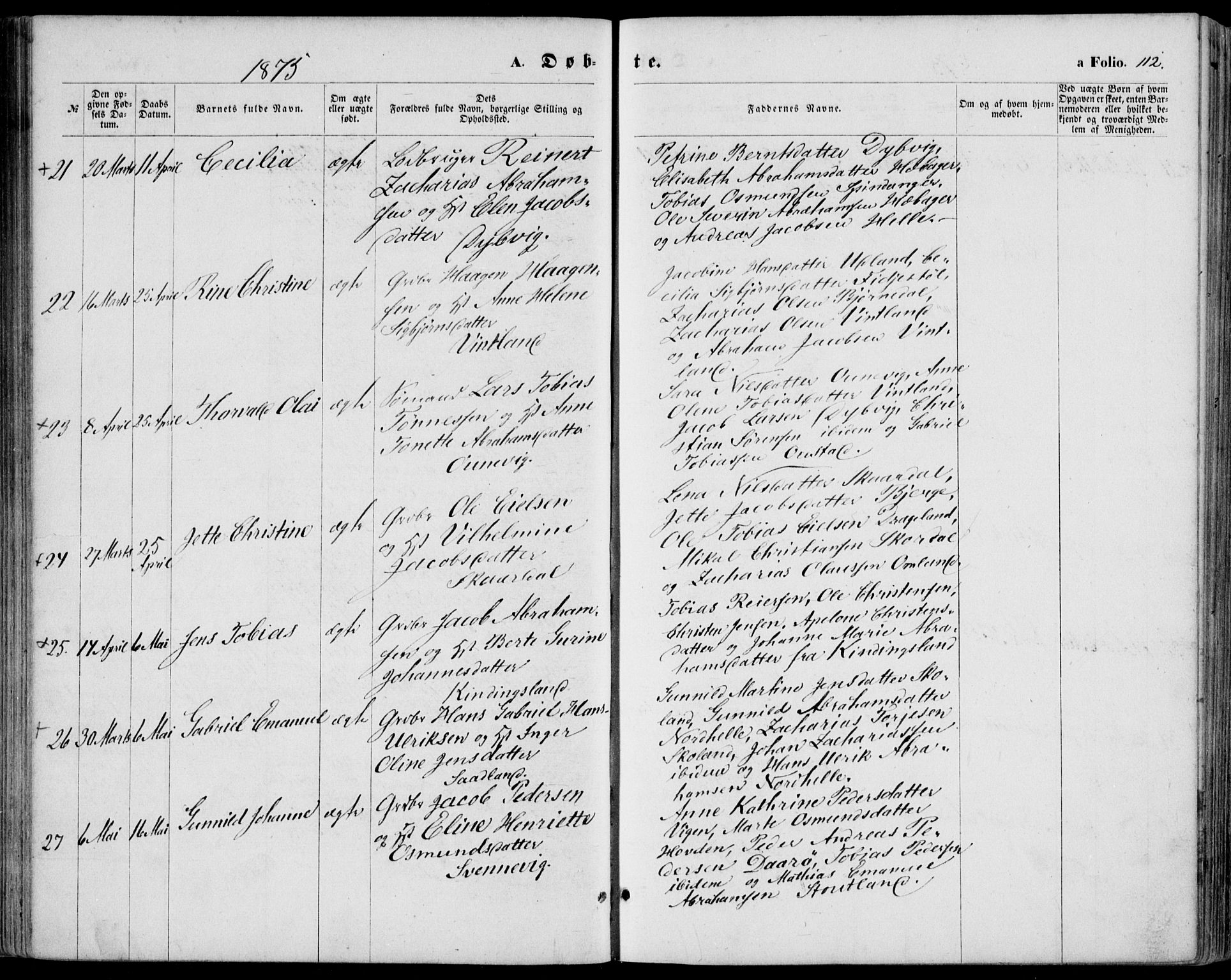 Lyngdal sokneprestkontor, SAK/1111-0029/F/Fa/Fac/L0010: Parish register (official) no. A 10, 1865-1878, p. 112