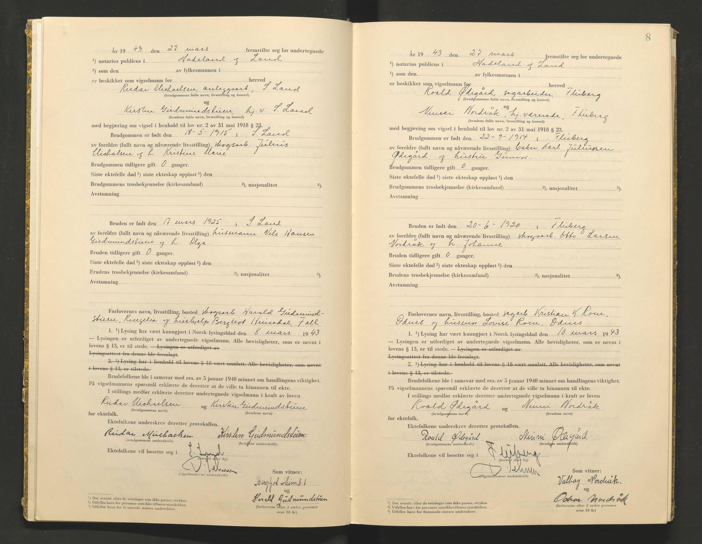 Hadeland og Land tingrett, AV/SAH-TING-010/L/Lb/L0002: Vigselbok, 1943-1944, p. 8