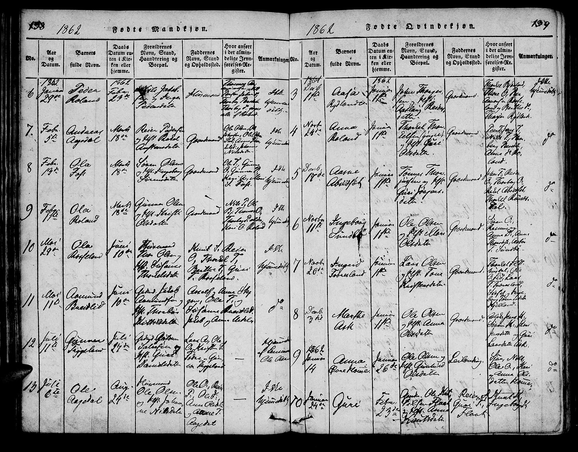 Bjelland sokneprestkontor, AV/SAK-1111-0005/F/Fa/Faa/L0002: Parish register (official) no. A 2, 1816-1866, p. 138-139