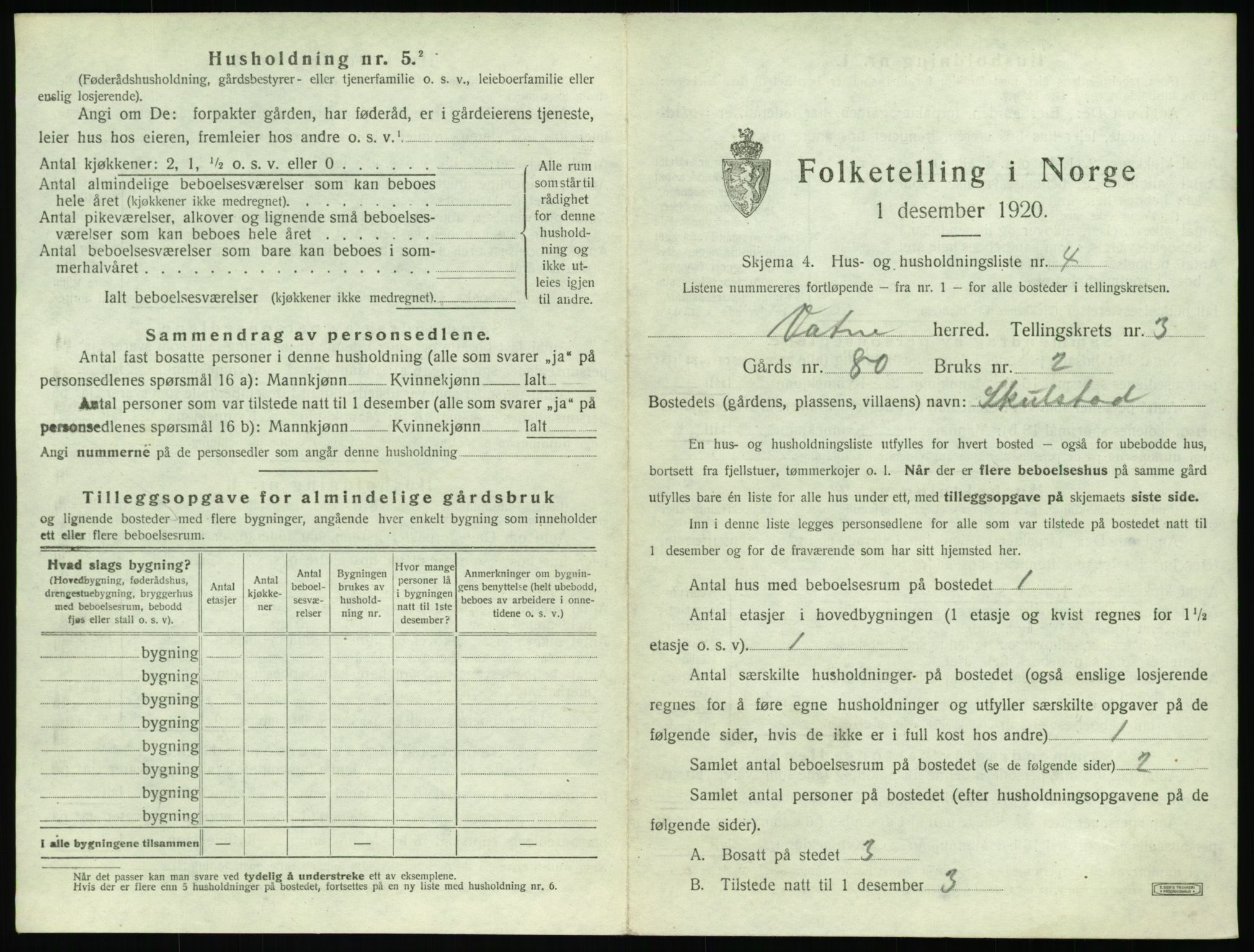 SAT, 1920 census for Vatne, 1920, p. 180
