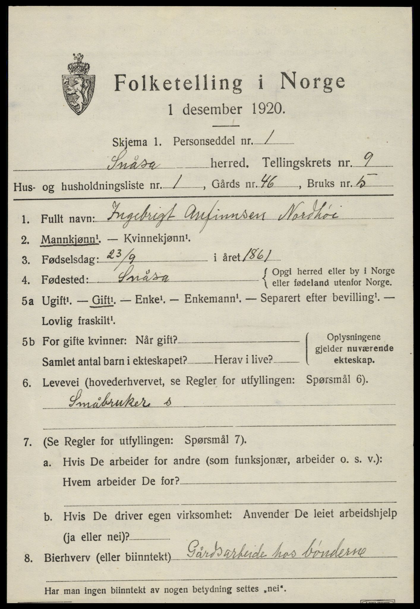 SAT, 1920 census for Snåsa, 1920, p. 3670