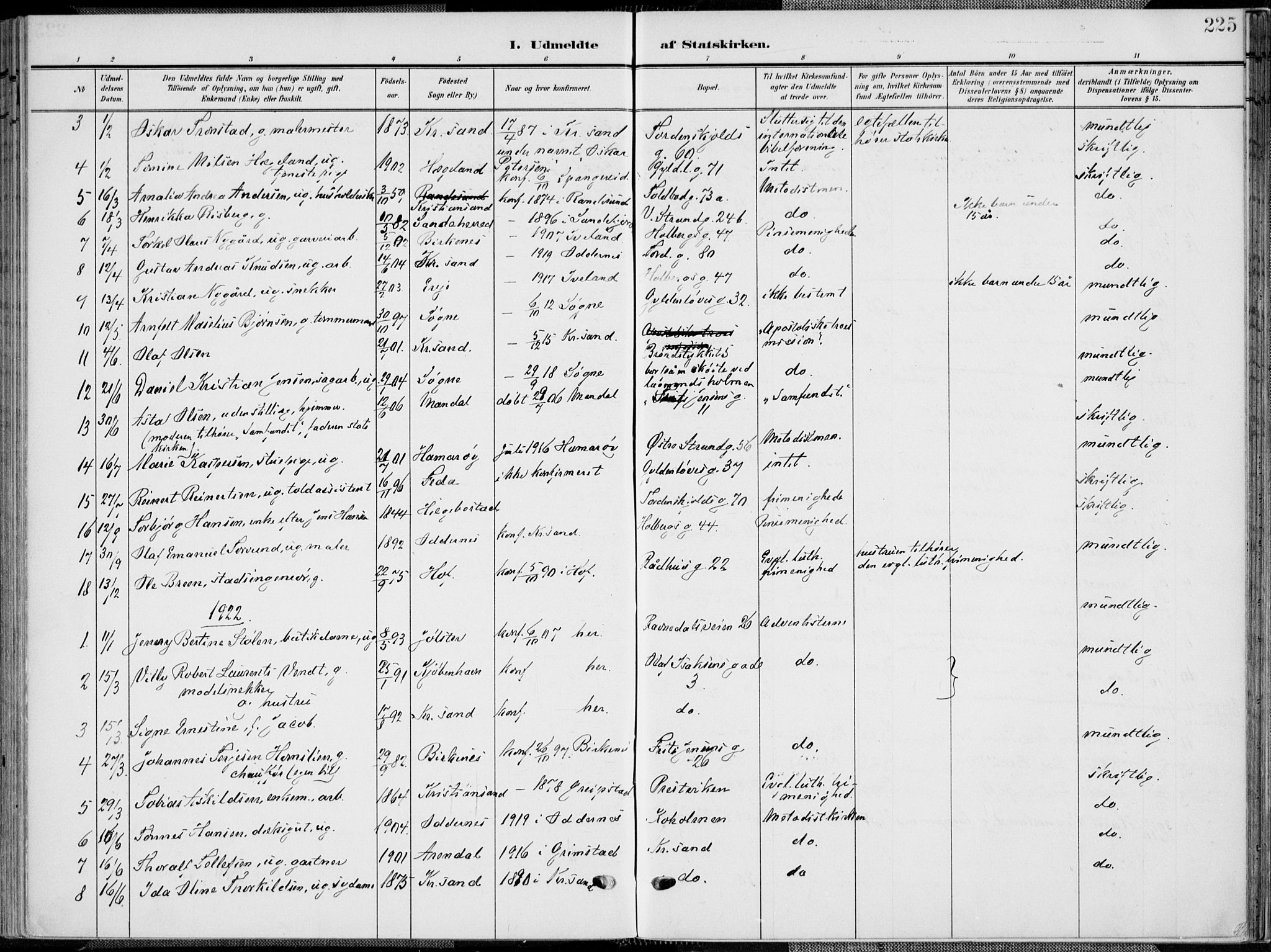 Kristiansand domprosti, SAK/1112-0006/F/Fa/L0022: Parish register (official) no. A 21, 1905-1916, p. 225