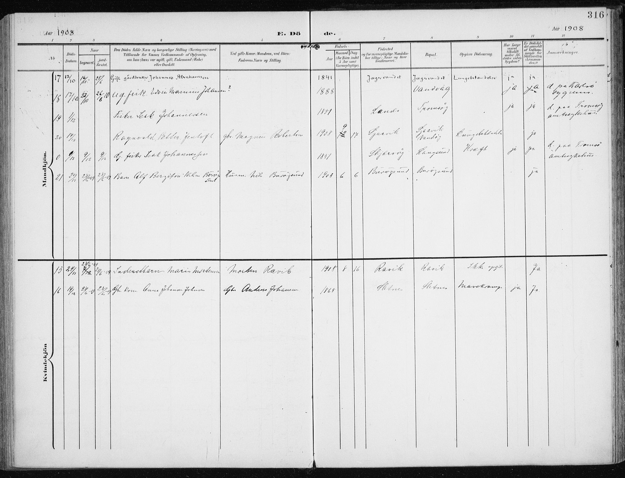 Karlsøy sokneprestembete, AV/SATØ-S-1299/H/Ha/Haa/L0014kirke: Parish register (official) no. 14, 1903-1917, p. 316