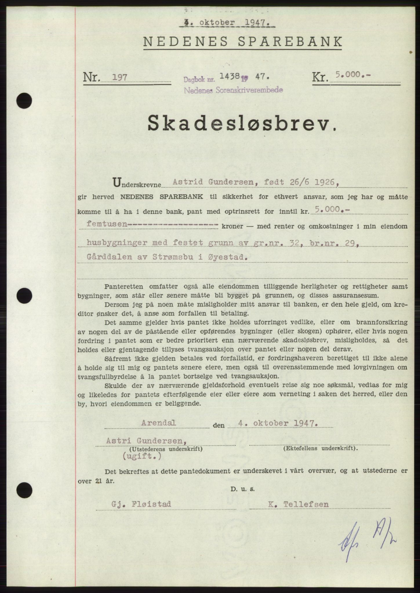 Nedenes sorenskriveri, AV/SAK-1221-0006/G/Gb/Gbb/L0004: Mortgage book no. B4, 1947-1947, Diary no: : 1438/1947