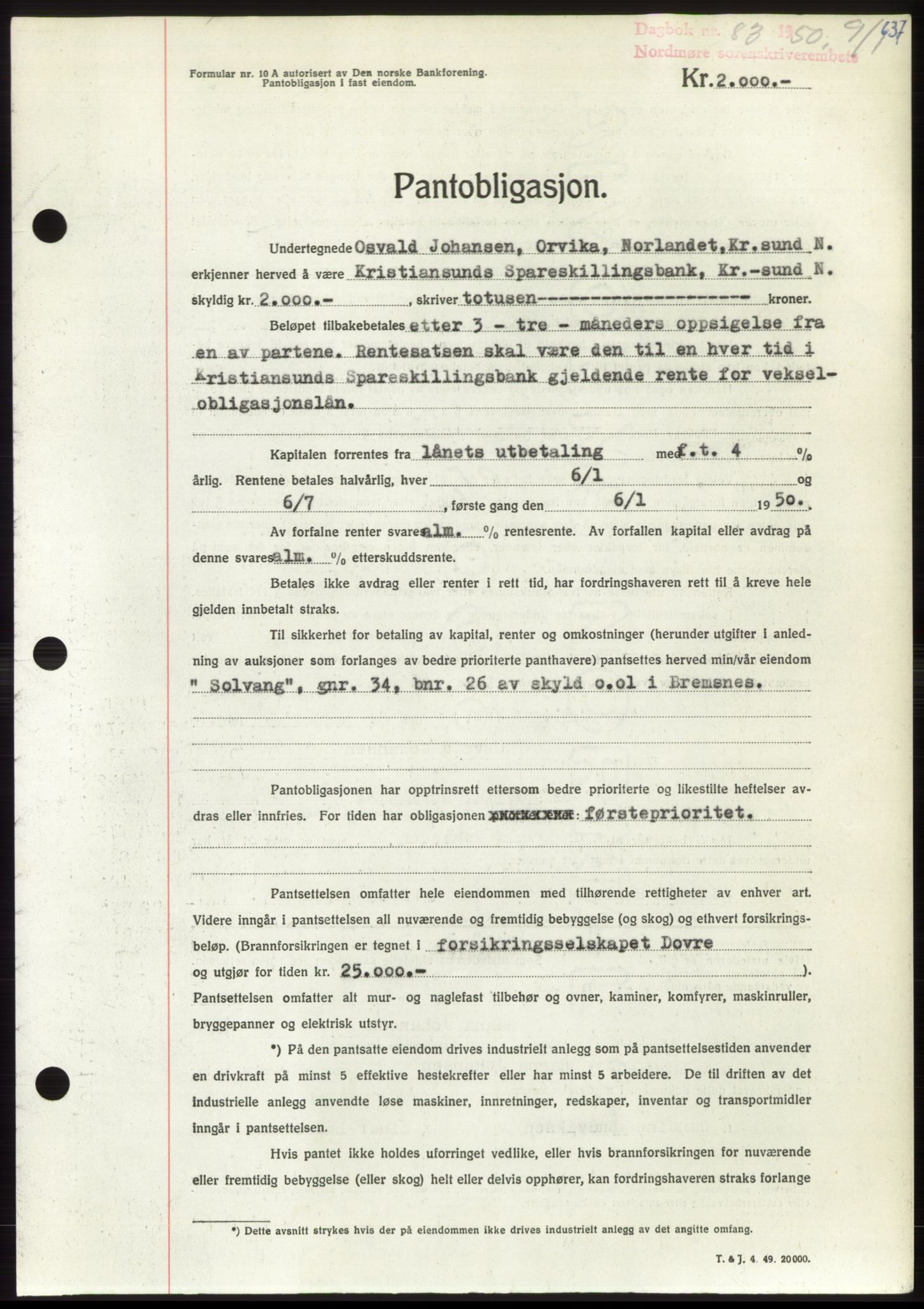 Nordmøre sorenskriveri, SAT/A-4132/1/2/2Ca: Mortgage book no. B103, 1949-1950, Diary no: : 83/1950