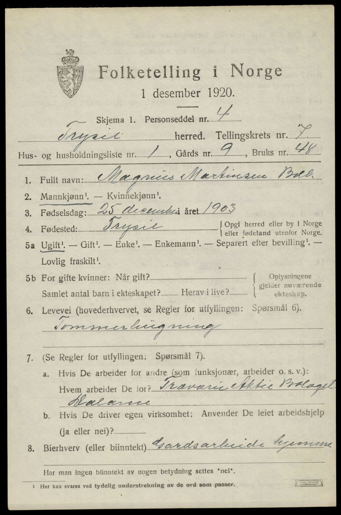 SAH, 1920 census for Trysil, 1920, p. 5227