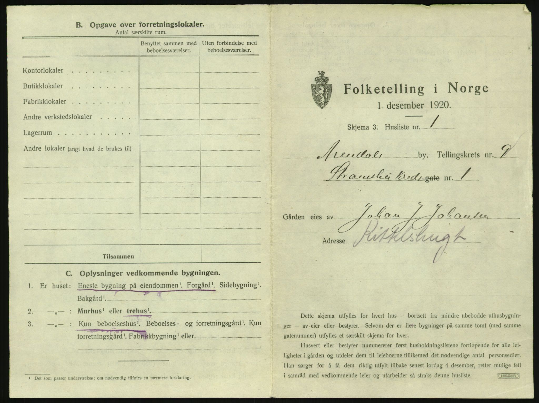 SAK, 1920 census for Arendal, 1920, p. 1104