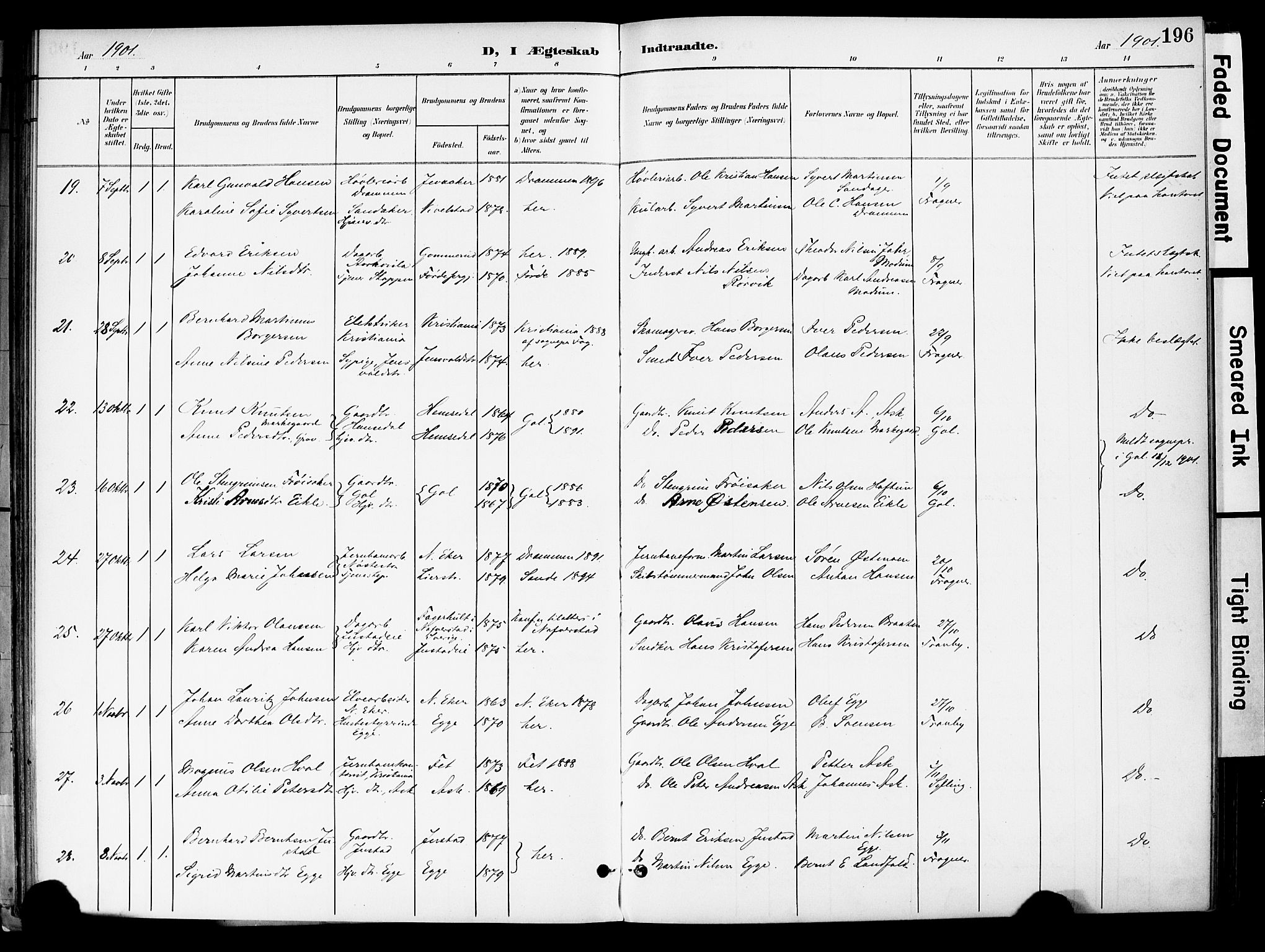 Lier kirkebøker, AV/SAKO-A-230/F/Fa/L0017: Parish register (official) no. I 17, 1901-1908, p. 196