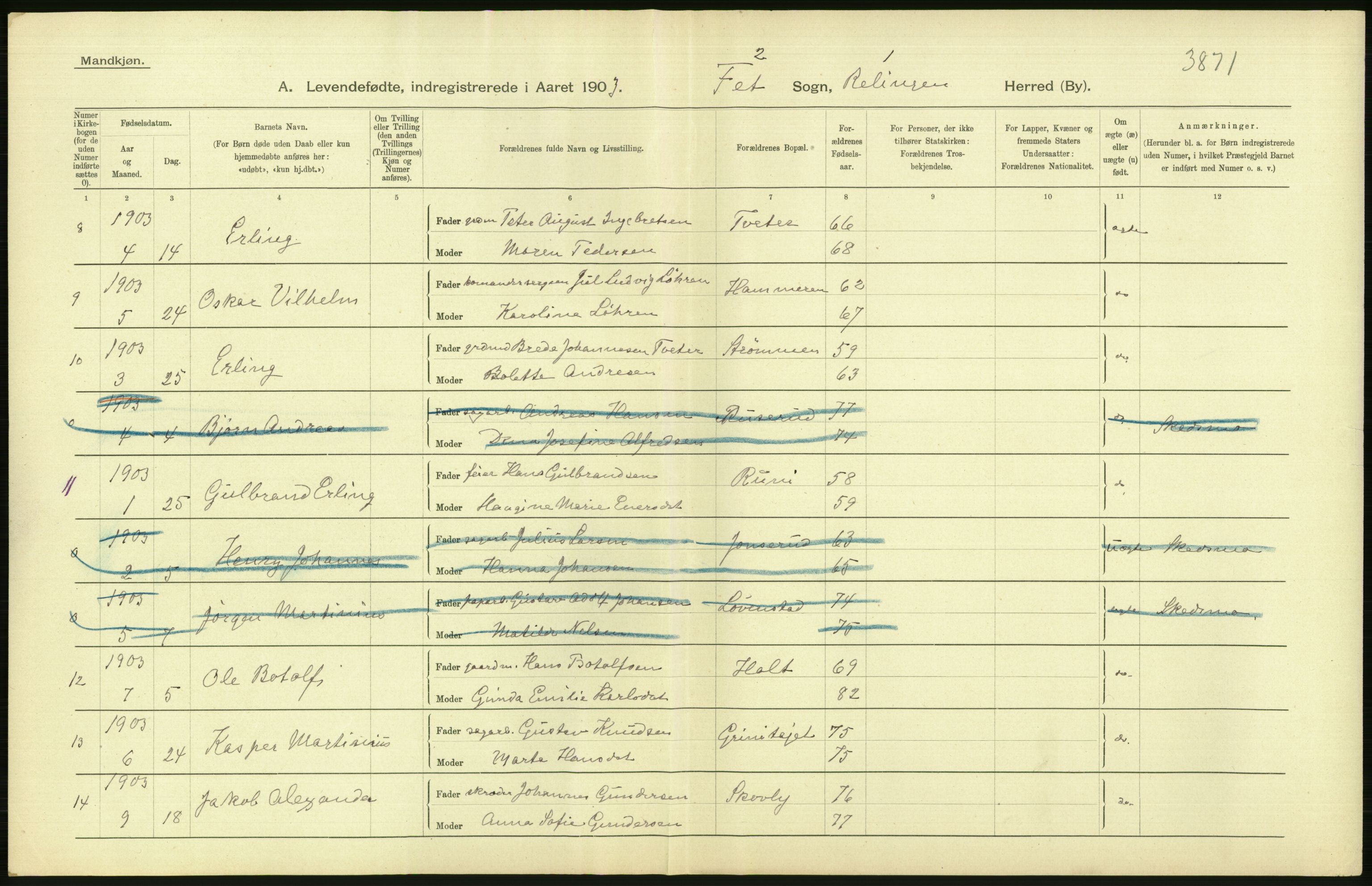 Statistisk sentralbyrå, Sosiodemografiske emner, Befolkning, AV/RA-S-2228/D/Df/Dfa/Dfaa/L0002: Akershus amt: Fødte, gifte, døde, 1903, p. 68