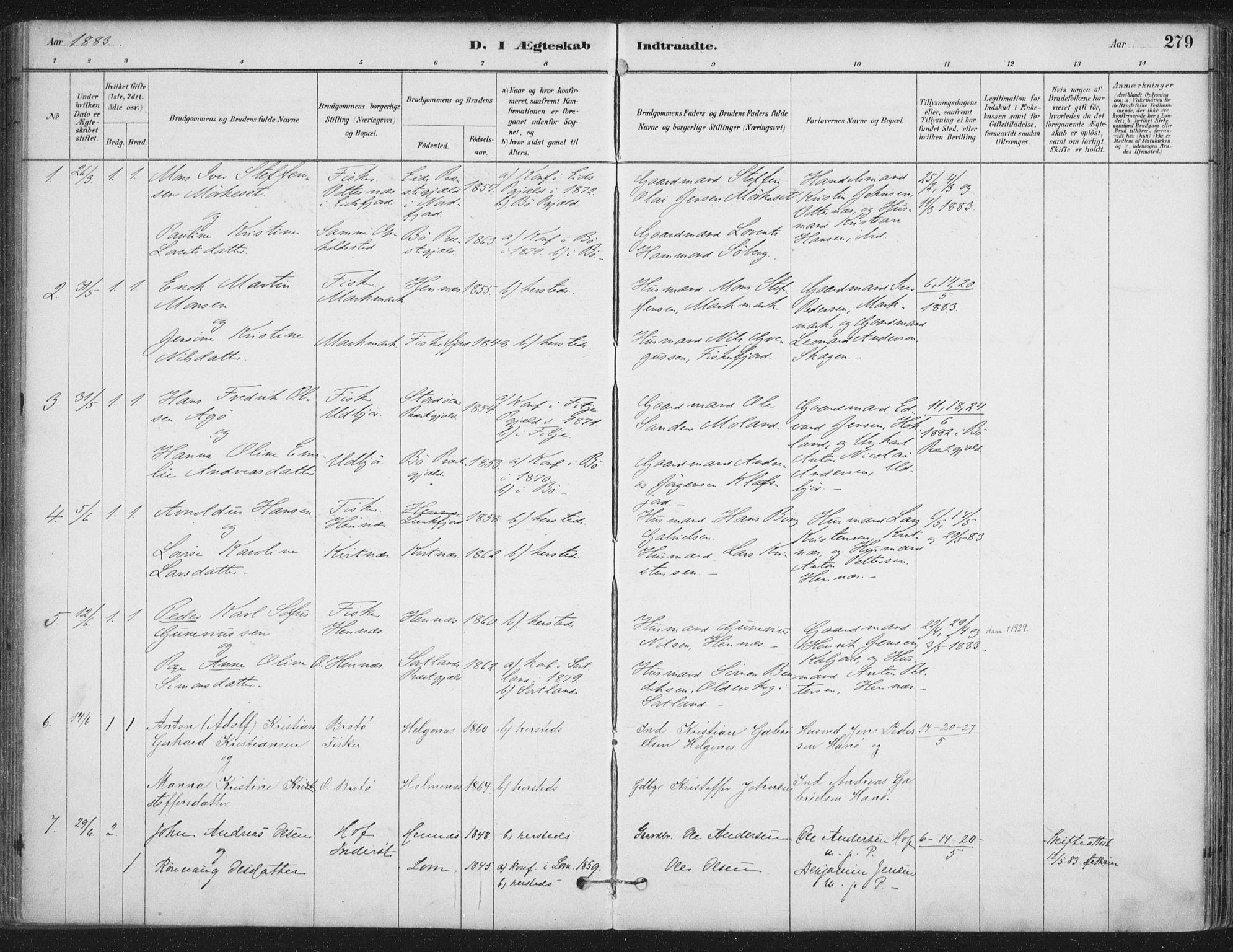 Ministerialprotokoller, klokkerbøker og fødselsregistre - Nordland, SAT/A-1459/888/L1244: Parish register (official) no. 888A10, 1880-1890, p. 279