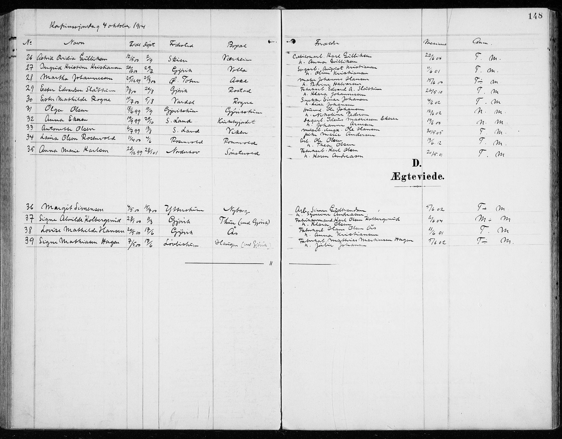 Vardal prestekontor, SAH/PREST-100/H/Ha/Haa/L0016: Parish register (official) no. 16, 1904-1916, p. 148