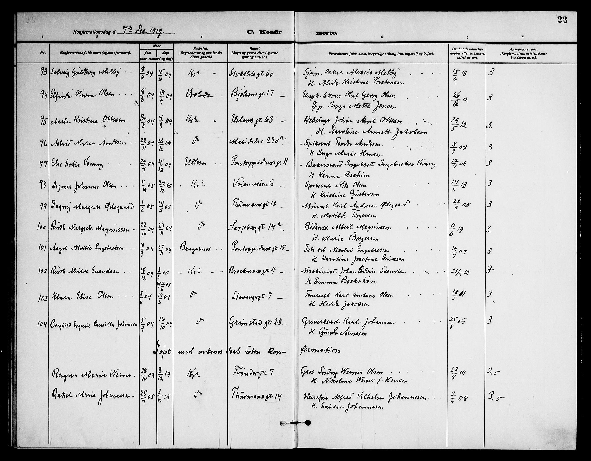 Sagene prestekontor Kirkebøker, AV/SAO-A-10796/F/L0011: Parish register (official) no. 11, 1919-1925, p. 22