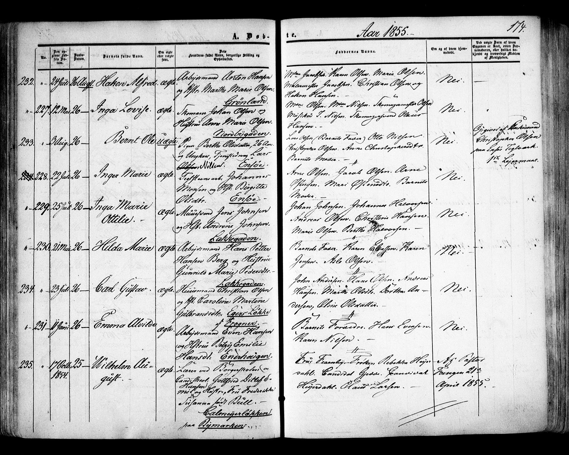 Aker prestekontor kirkebøker, SAO/A-10861/F/L0020: Parish register (official) no. 20, 1853-1857, p. 174