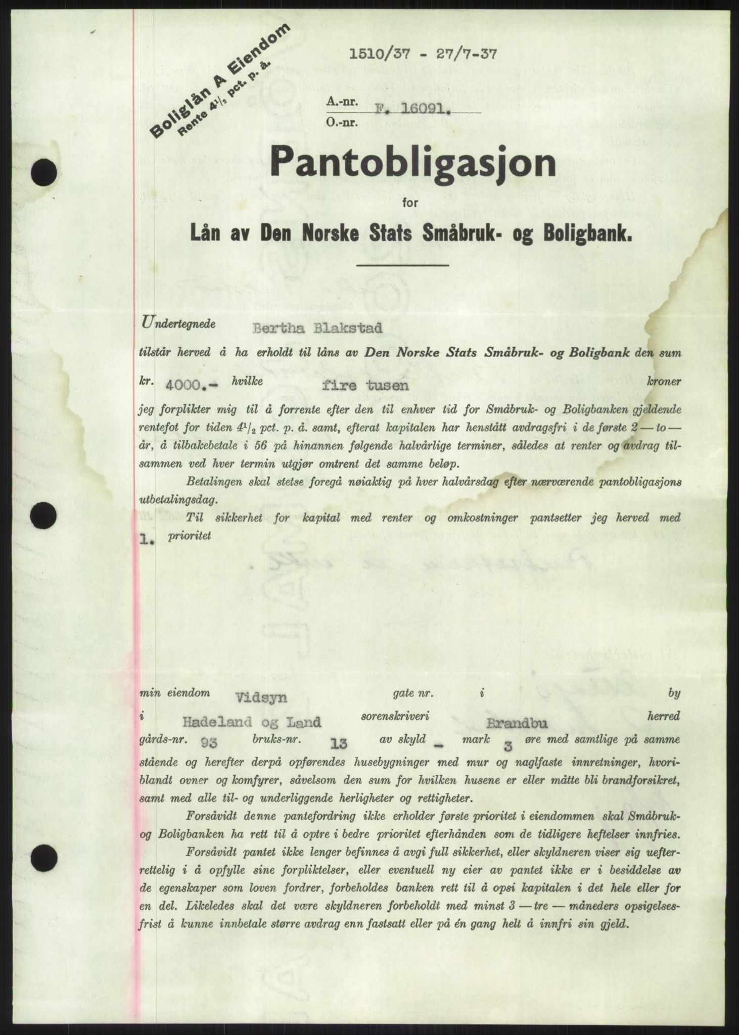 Hadeland og Land tingrett, SAH/TING-010/H/Hb/Hbc/L0002: Mortgage book no. B2, 1936-1937, Diary no: : 1510/1937