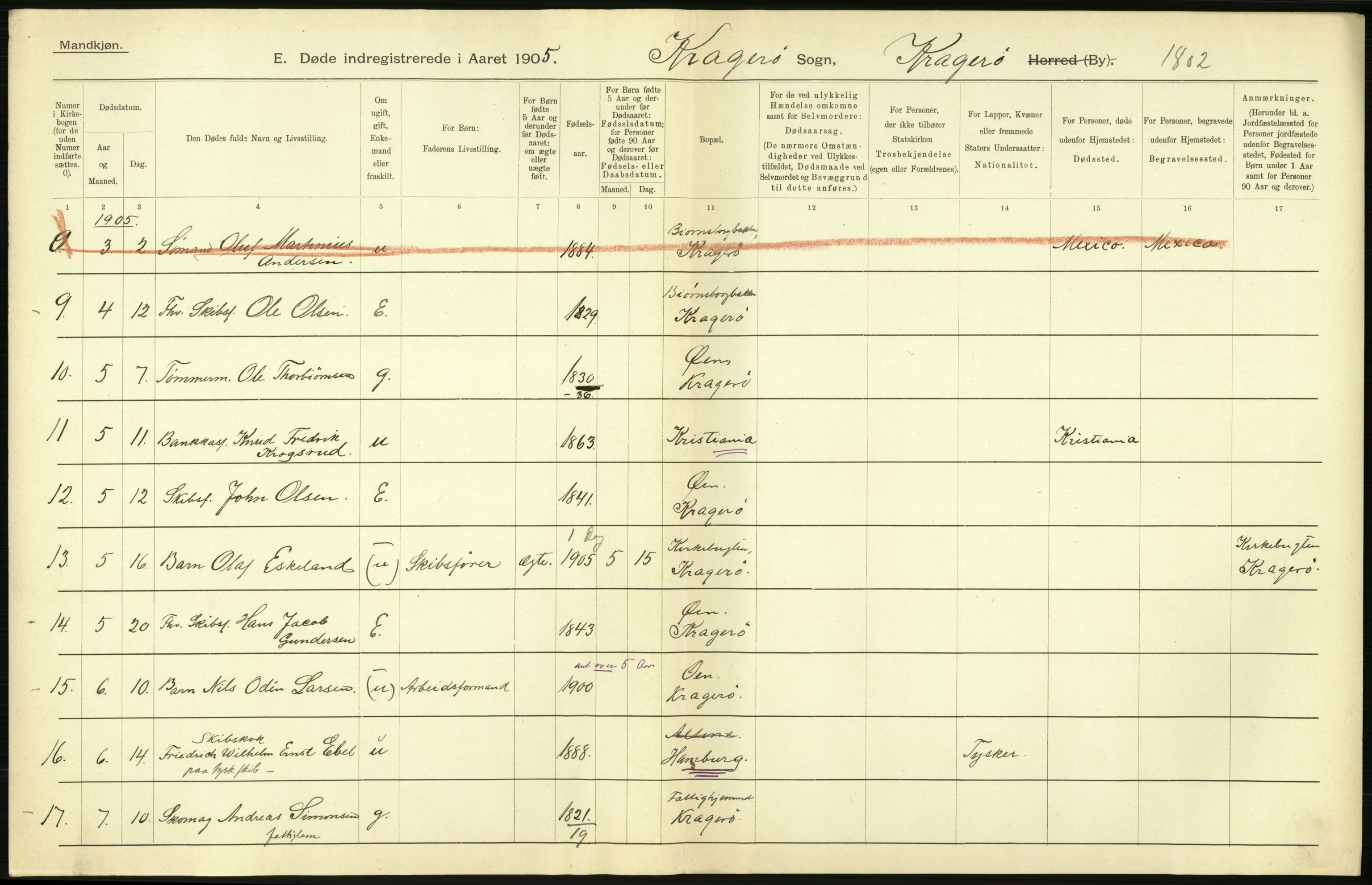 Statistisk sentralbyrå, Sosiodemografiske emner, Befolkning, AV/RA-S-2228/D/Df/Dfa/Dfac/L0043: Bratsberg - Lister og Mandals amt: Levendefødte menn og kvinner, gifte, døde, dødfødte. Byer., 1905, p. 224