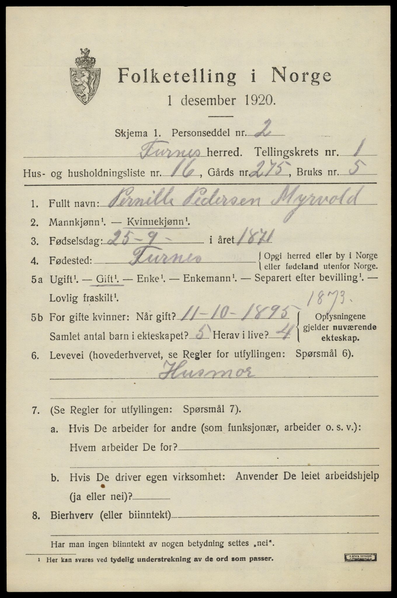 SAH, 1920 census for Furnes, 1920, p. 1823