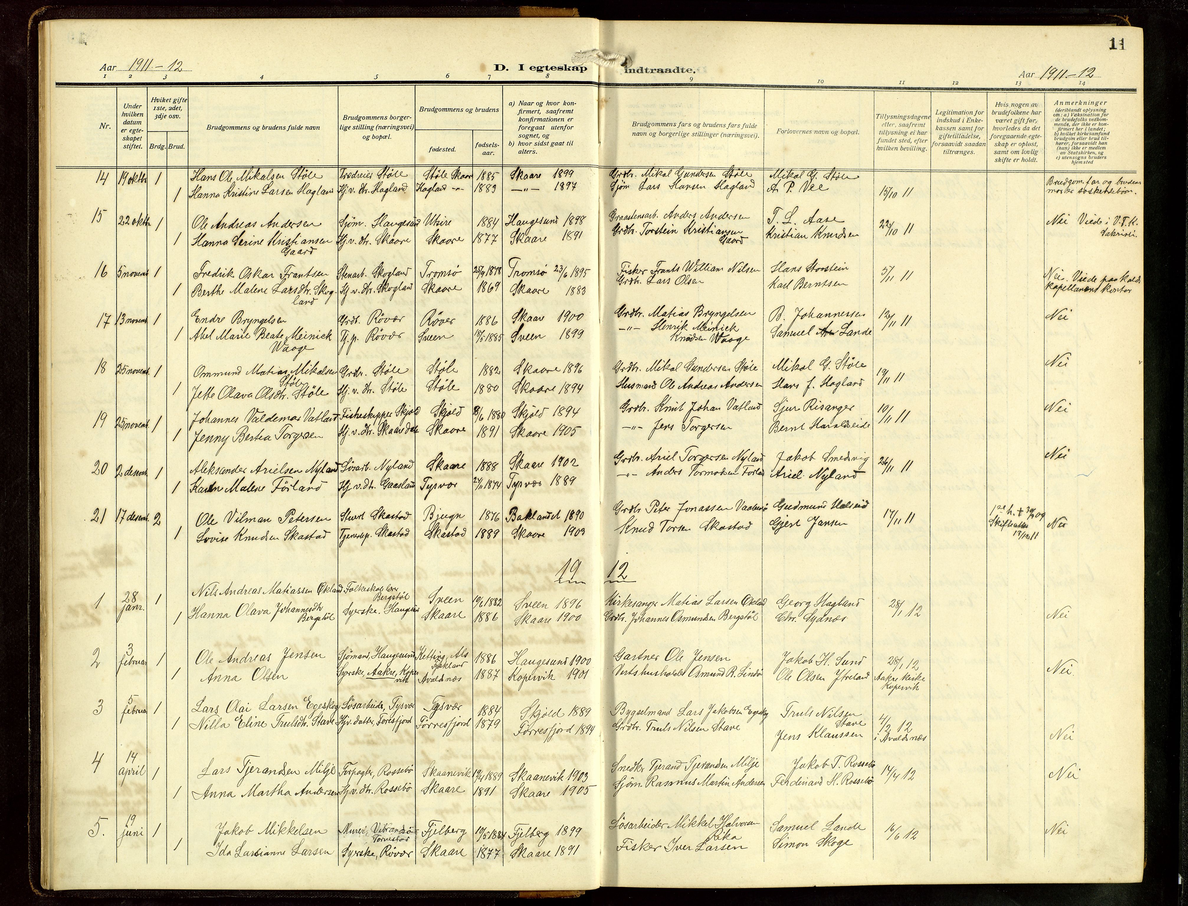 Haugesund sokneprestkontor, AV/SAST-A -101863/H/Ha/Hab/L0006: Parish register (copy) no. B 9, 1909-1951, p. 11