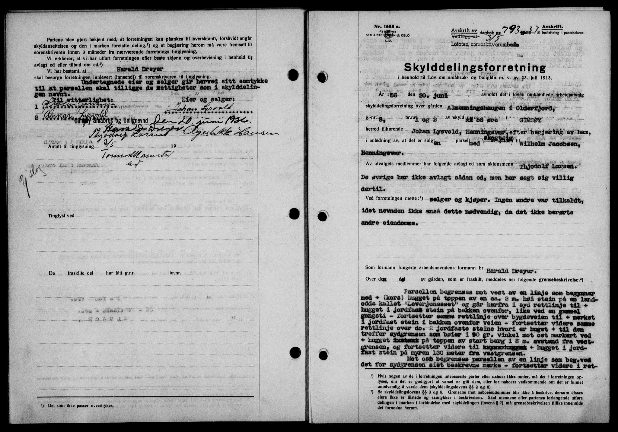 Lofoten sorenskriveri, SAT/A-0017/1/2/2C/L0002a: Mortgage book no. 2a, 1937-1937, Diary no: : 793/1937