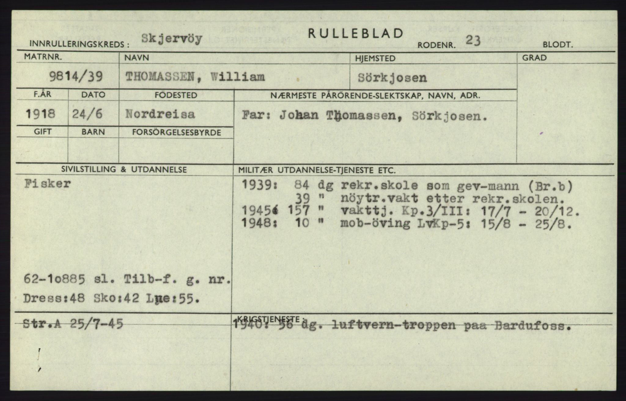 Forsvaret, Troms infanteriregiment nr. 16, AV/RA-RAFA-3146/P/Pa/L0023: Rulleblad for regimentets menige mannskaper, årsklasse 1939, 1939, p. 1305
