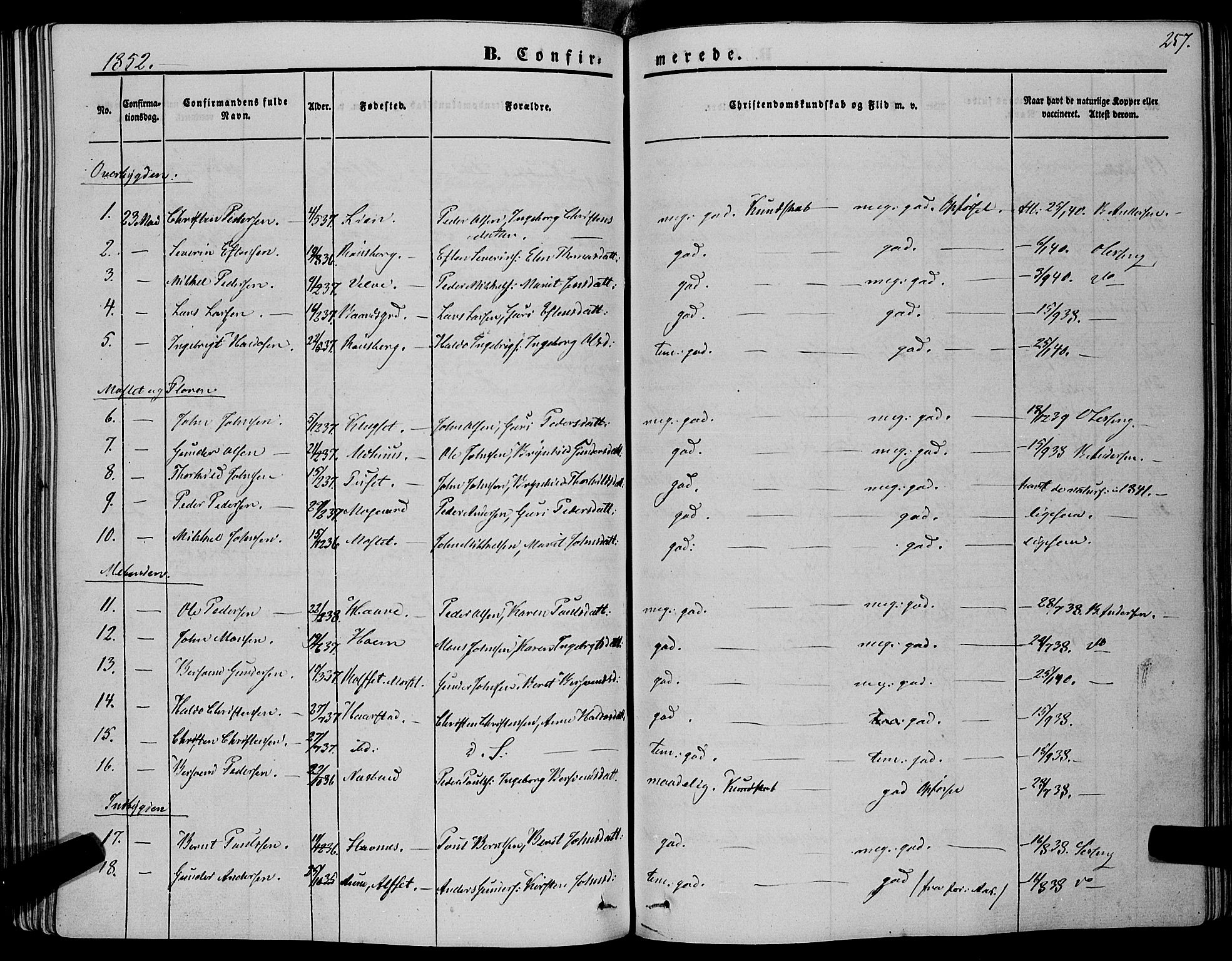 Ministerialprotokoller, klokkerbøker og fødselsregistre - Sør-Trøndelag, SAT/A-1456/695/L1145: Parish register (official) no. 695A06 /1, 1843-1859, p. 257
