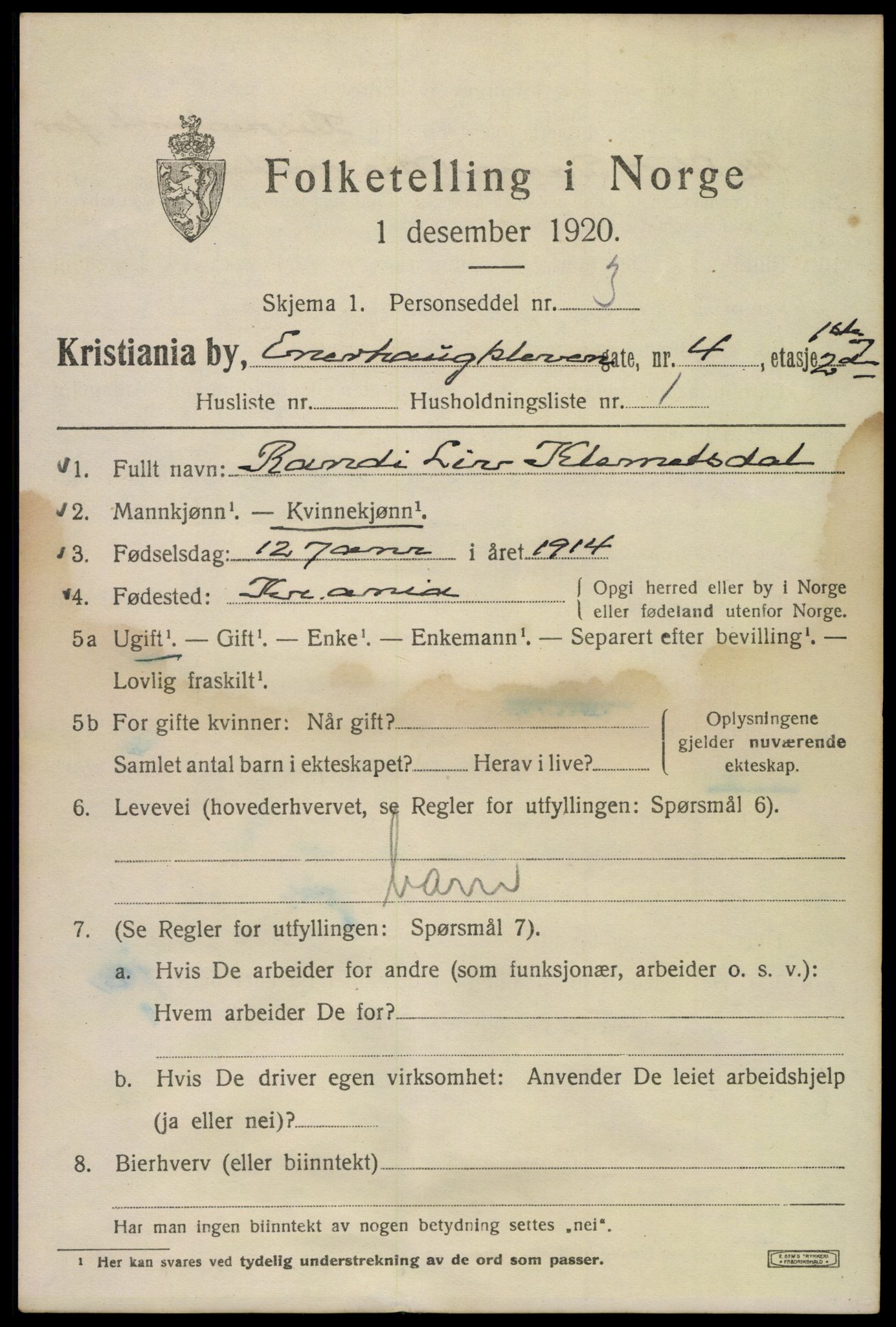 SAO, 1920 census for Kristiania, 1920, p. 218343