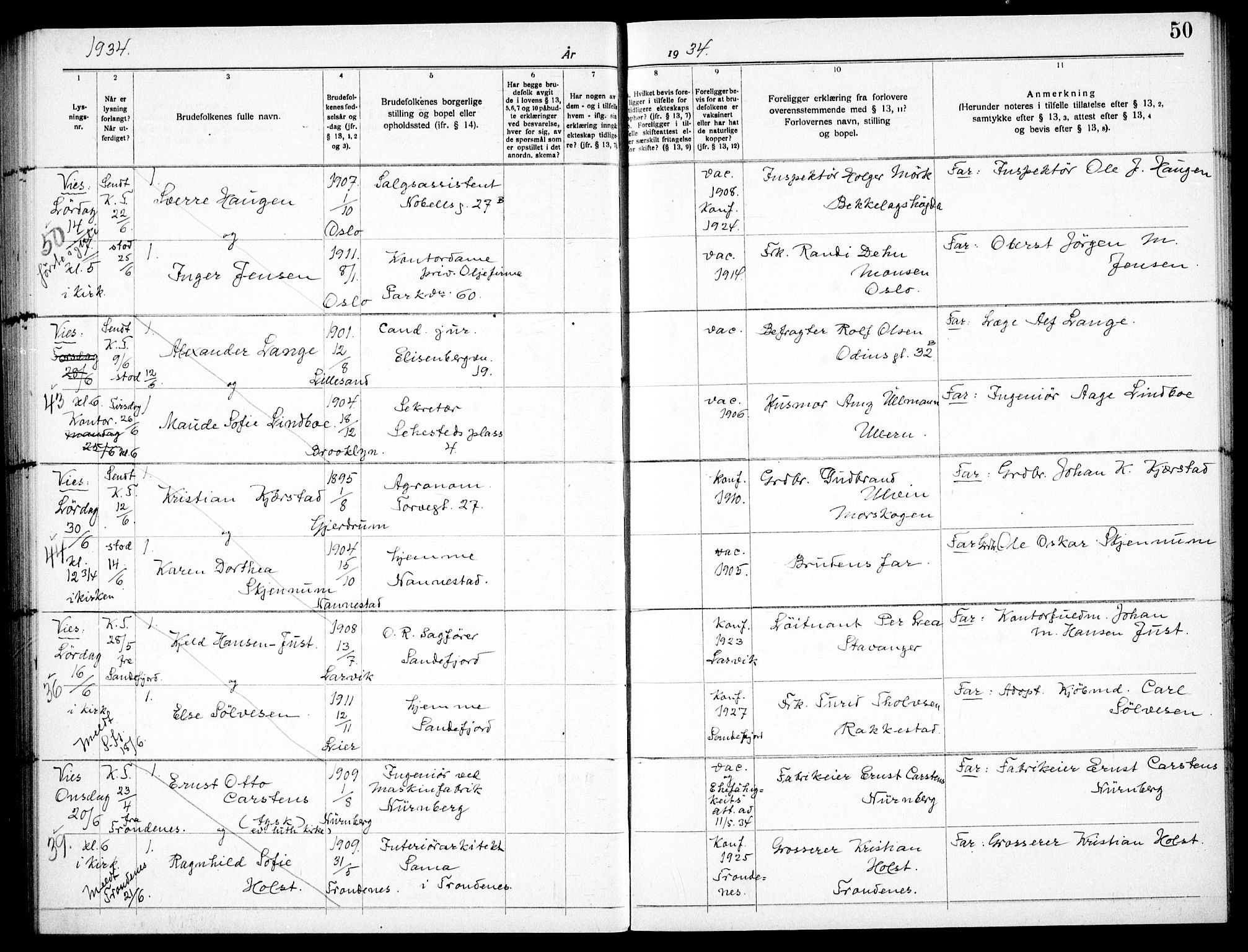 Garnisonsmenigheten Kirkebøker, AV/SAO-A-10846/H/Ha/L0011: Banns register no. I 11, 1932-1936, p. 50