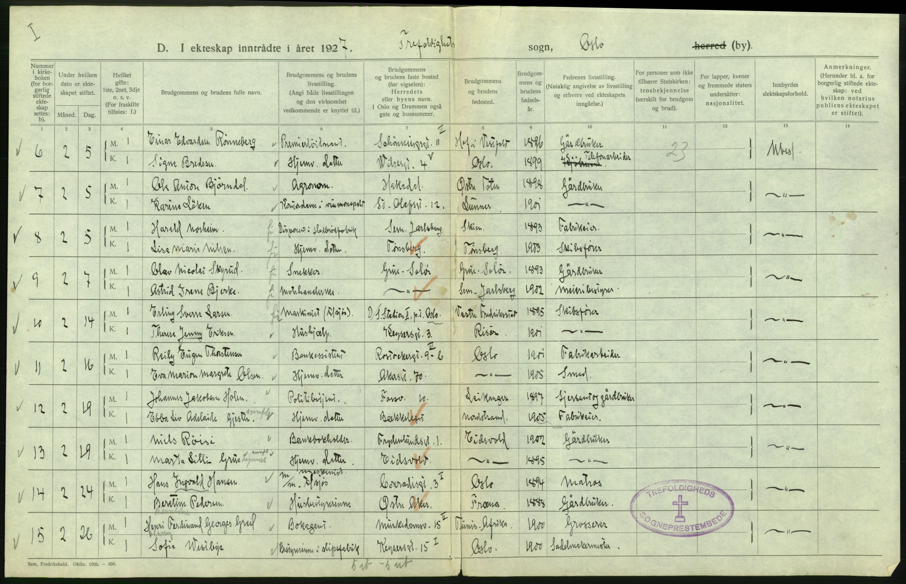 Statistisk sentralbyrå, Sosiodemografiske emner, Befolkning, AV/RA-S-2228/D/Df/Dfc/Dfcg/L0008: Oslo: Gifte, 1927, p. 86