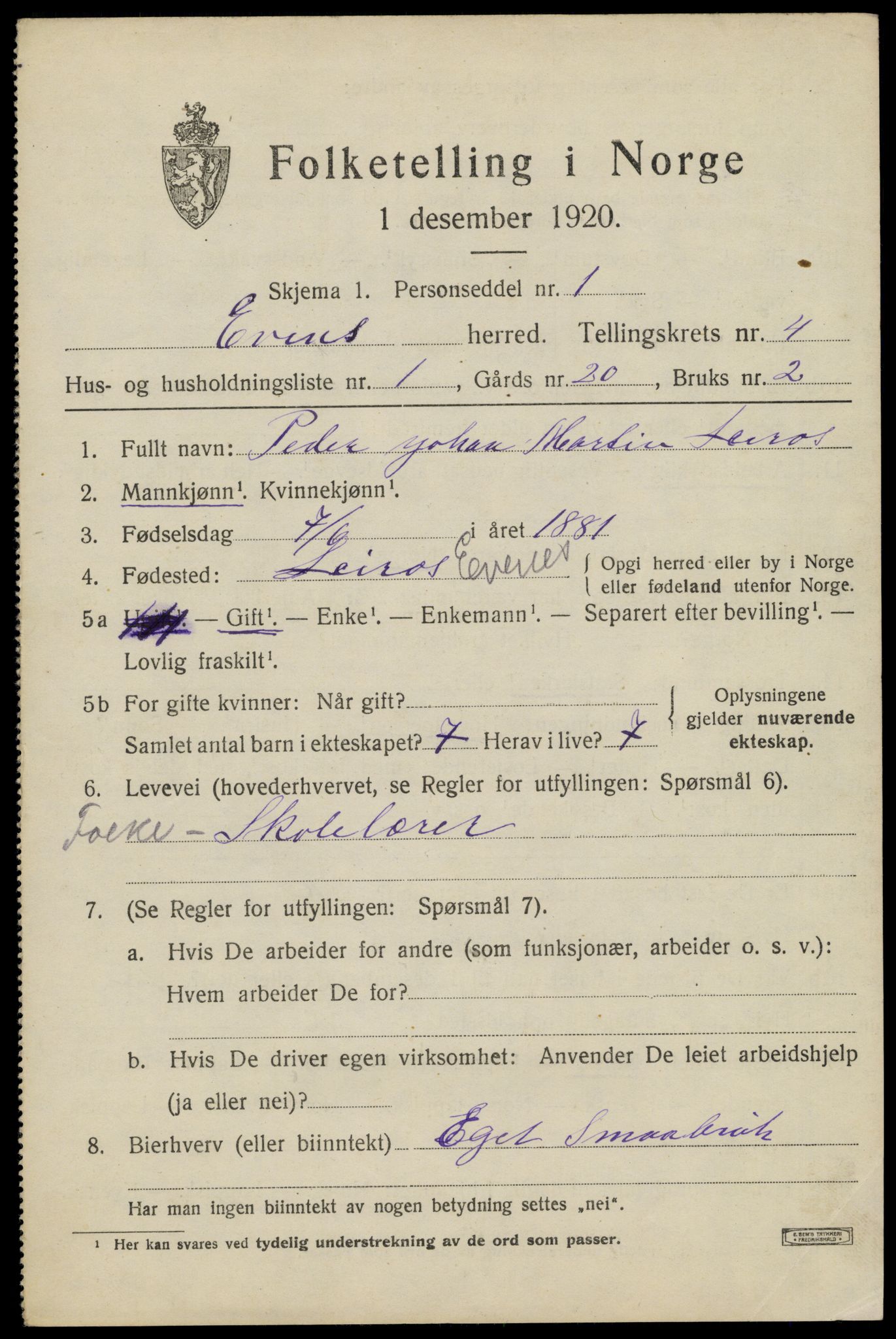 SAT, 1920 census for Evenes, 1920, p. 3590