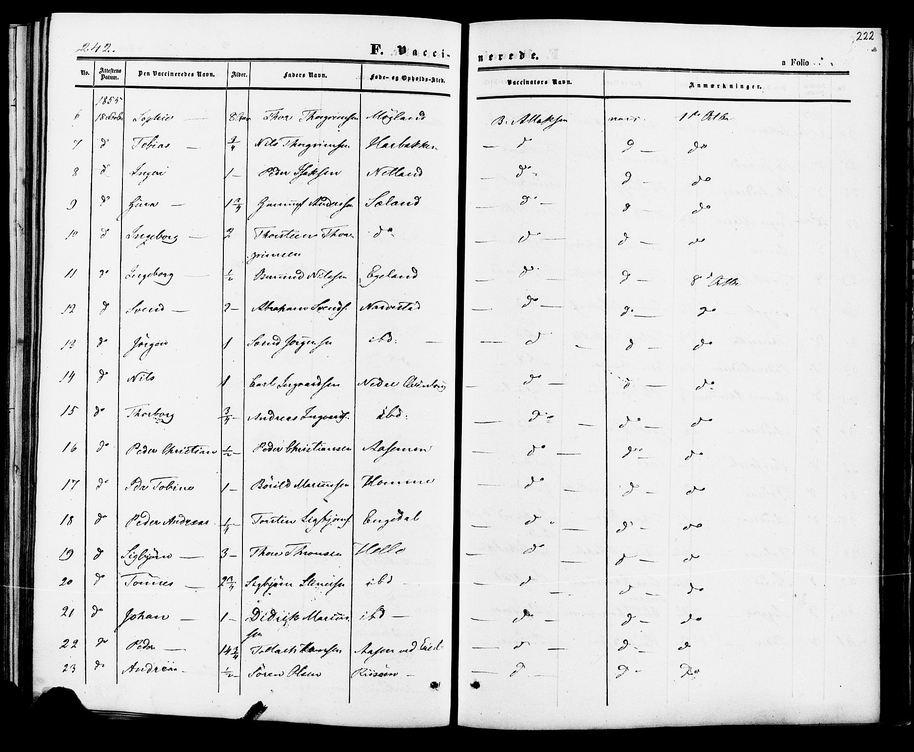 Fjotland sokneprestkontor, AV/SAK-1111-0010/F/Fa/L0001: Parish register (official) no. A 1, 1850-1879, p. 222