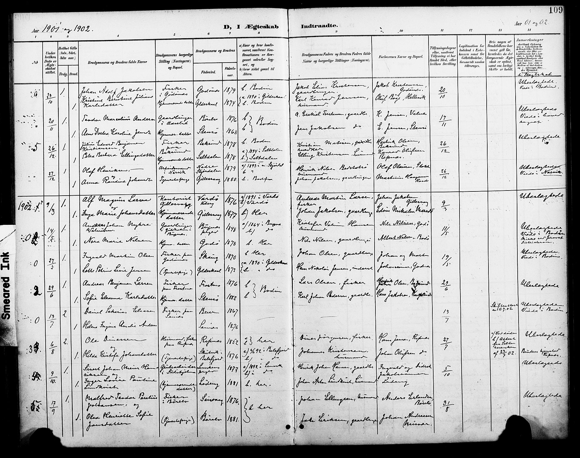 Ministerialprotokoller, klokkerbøker og fødselsregistre - Nordland, AV/SAT-A-1459/804/L0088: Parish register (copy) no. 804C01, 1901-1917, p. 109