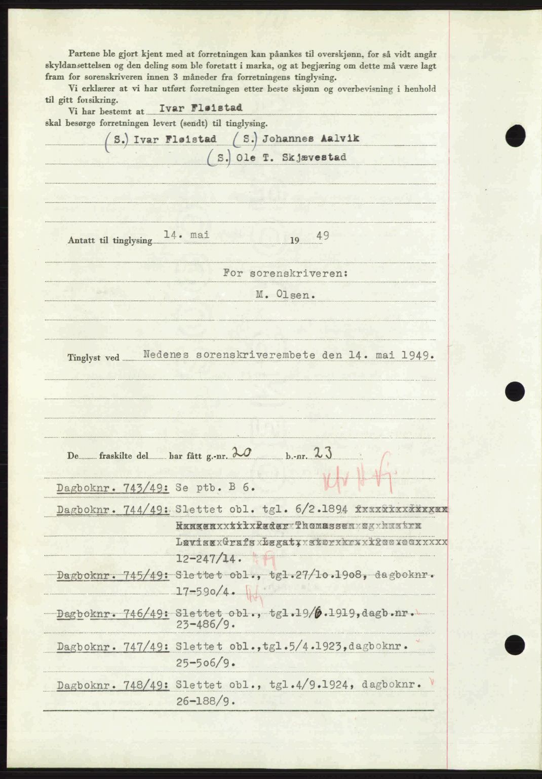 Nedenes sorenskriveri, AV/SAK-1221-0006/G/Gb/Gba/L0060: Mortgage book no. A12, 1948-1949, Diary no: : 742/1949