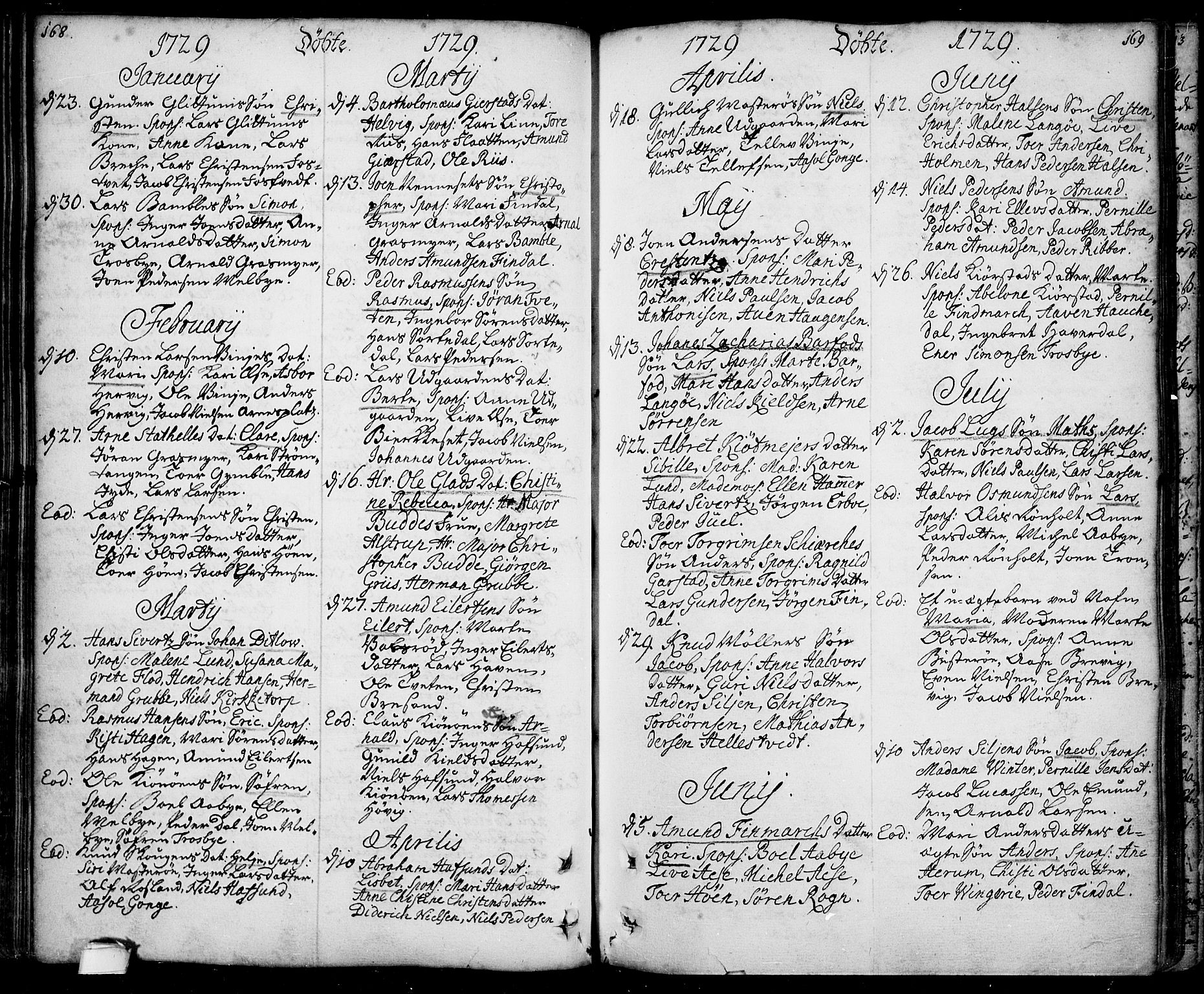 Bamble kirkebøker, SAKO/A-253/F/Fa/L0001: Parish register (official) no. I 1, 1702-1774, p. 168-169