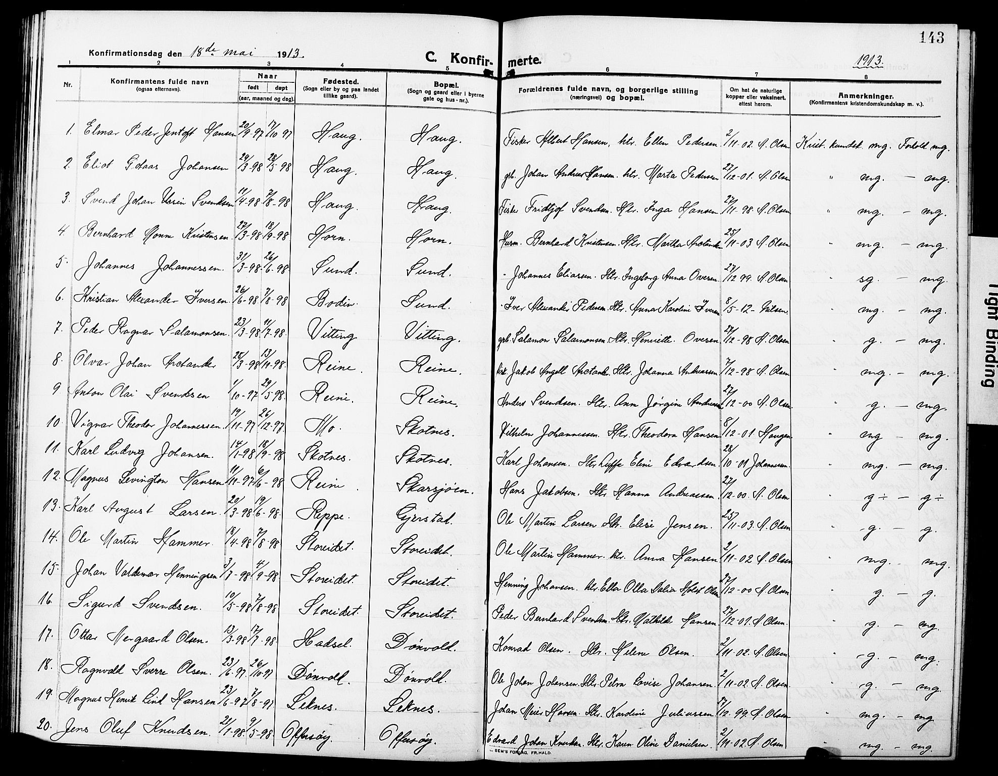 Ministerialprotokoller, klokkerbøker og fødselsregistre - Nordland, SAT/A-1459/881/L1169: Parish register (copy) no. 881C06, 1912-1930, p. 143