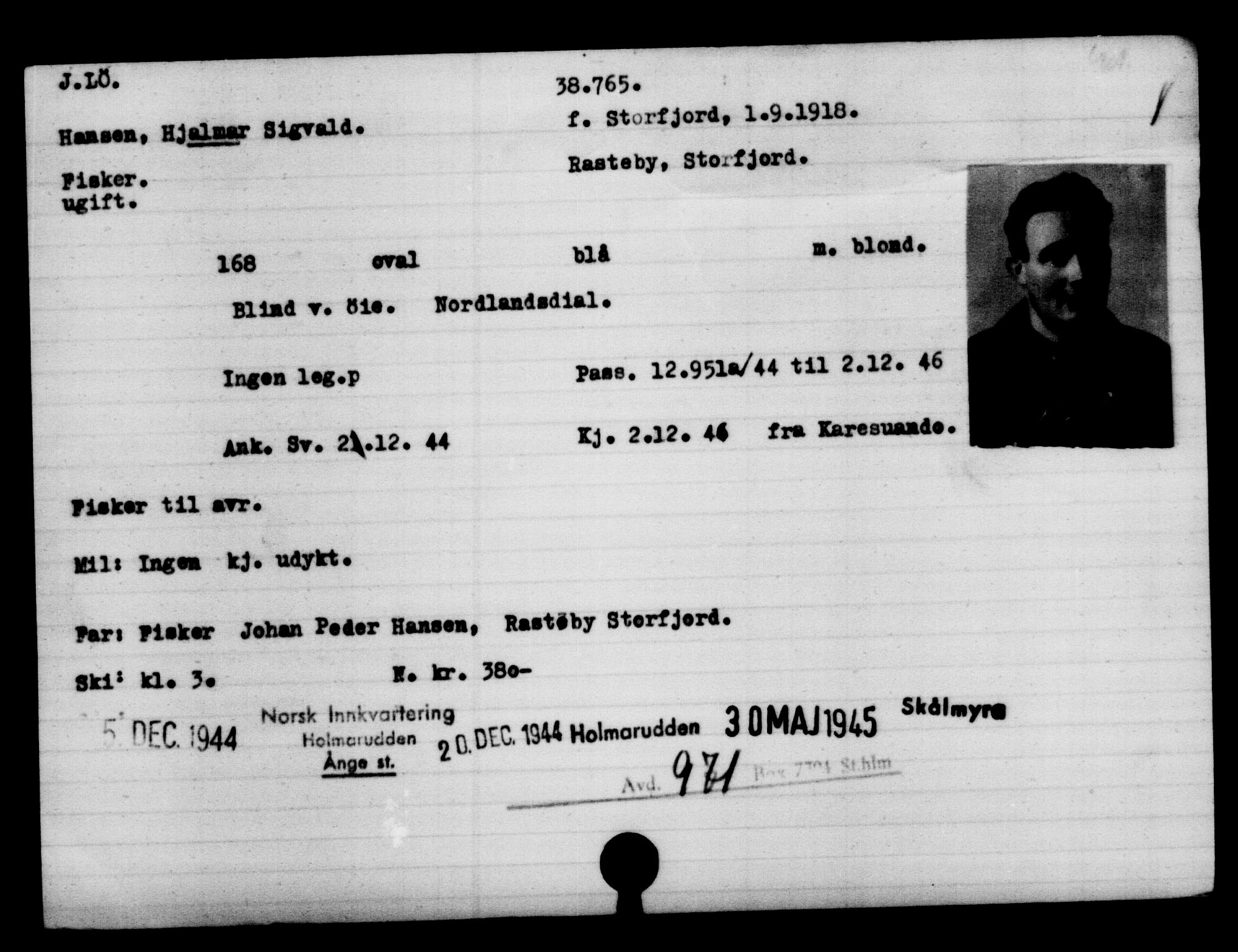 Utenriksstasjonene, Legasjonen i Stockholm, Flyktningkontoret, AV/RA-S-6753/V/Va/L0015: Kjesäterkartoteket, flyktninger med registreringsnr. 37800-40770, 1940-1945, p. 988