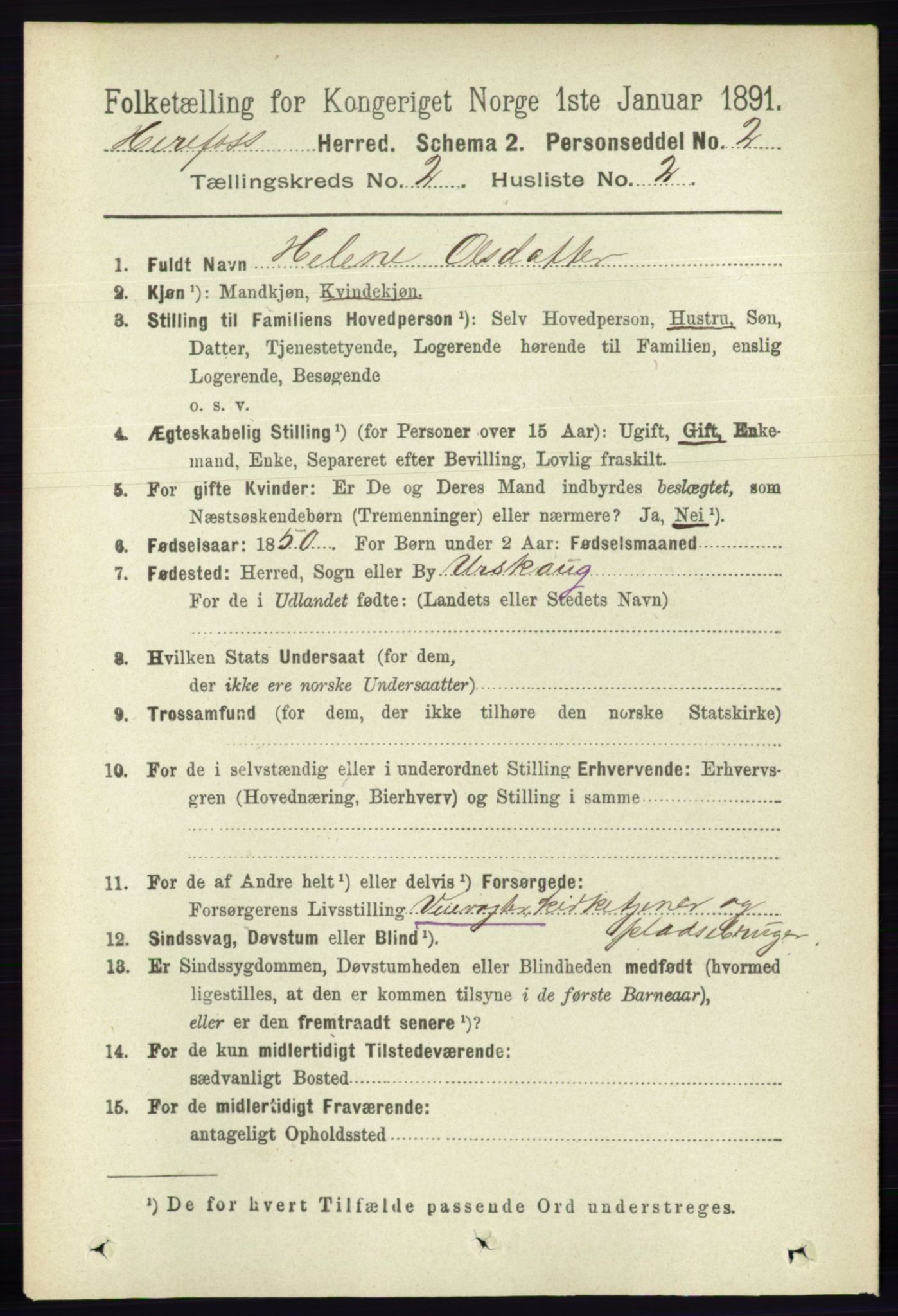 RA, 1891 census for 0933 Herefoss, 1891, p. 288