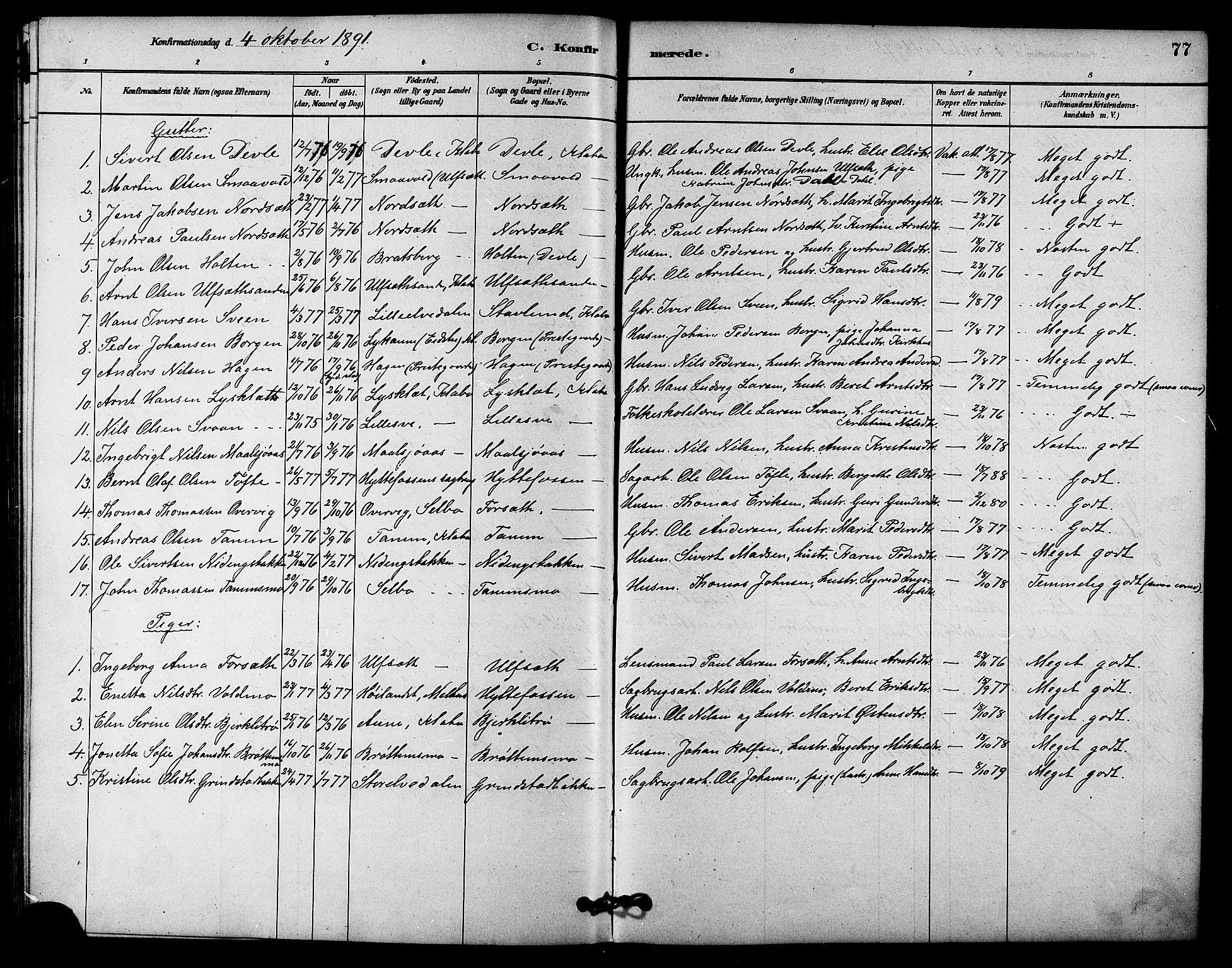 Ministerialprotokoller, klokkerbøker og fødselsregistre - Sør-Trøndelag, SAT/A-1456/618/L0444: Parish register (official) no. 618A07, 1880-1898, p. 77