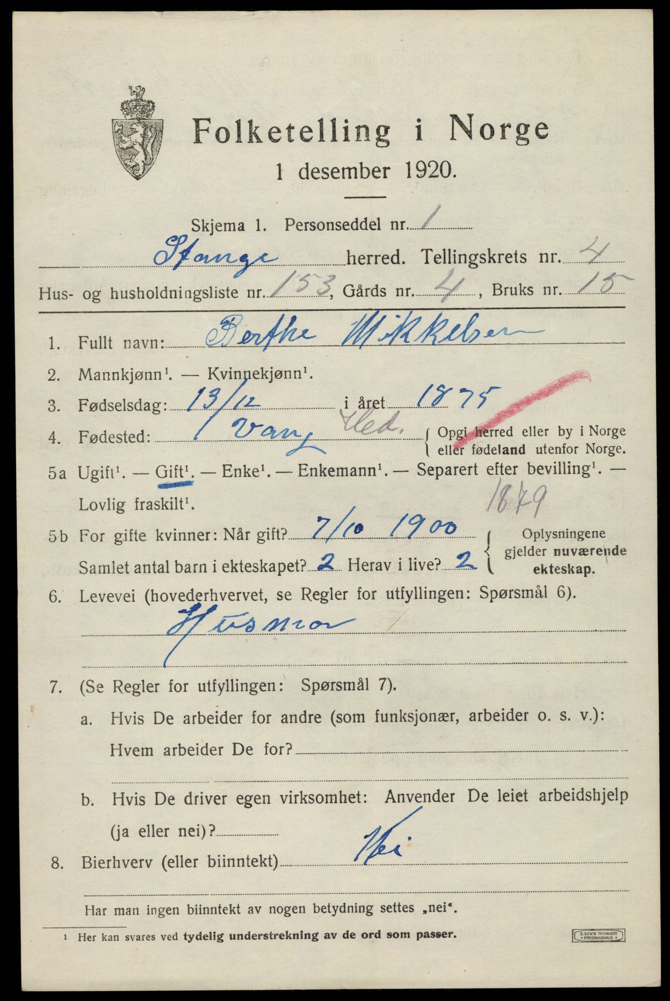 SAH, 1920 census for Stange, 1920, p. 8897